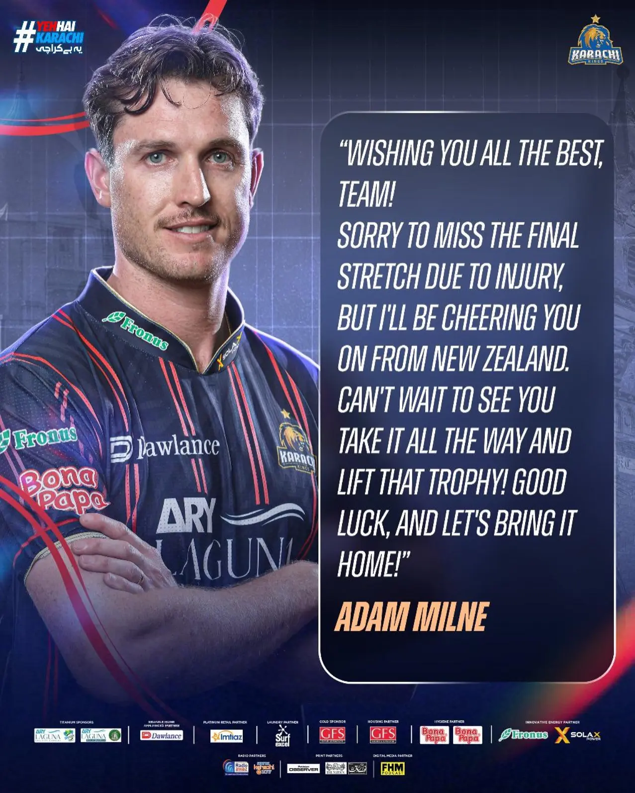Adam Milne Exits PSL 20245 Due To Injury, Karachi Kings Bid Emotional Farewell New Zealand fast bowler leaves tournament early as Kings face crucial matches without key player