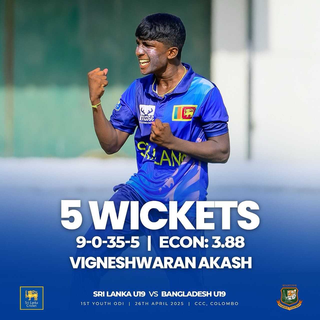 Akash’s Fiery Five-Wicket Haul Ignites U19 Clash Sri Lanka U19 dominate Bangladesh by 98 runs as Vigneshwaran stuns with decisive spell