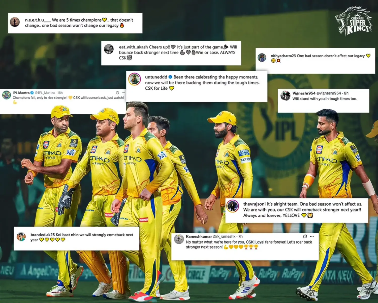 CSK acknowledges fan support as their driving force with emotional yellow-themed message.