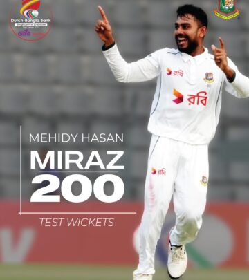 The all-rounder becomes the third Bangladeshi bowler to reach this milestone.