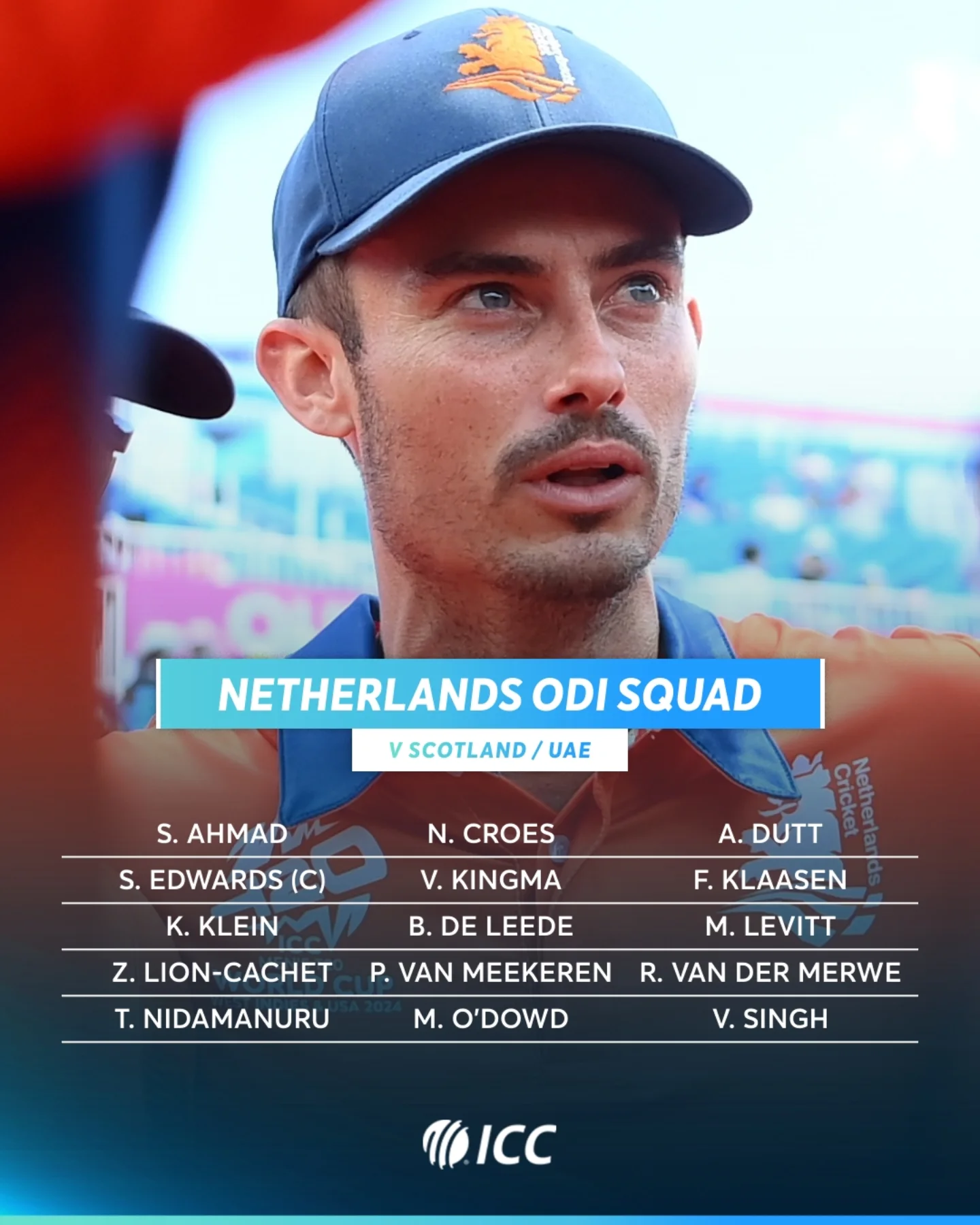 Netherlands Announce Squad For Upcoming League 2 Home Fixtures Against Scotland And UAE The Dutch cricket team prepares for crucial ODI matches with a balanced and experienced lineup.