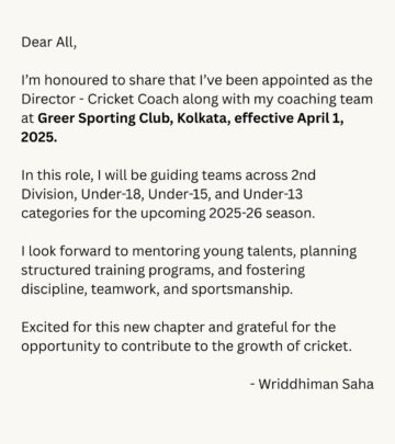 Saha Named Director-Cricket Coach At Greer Sporting Club