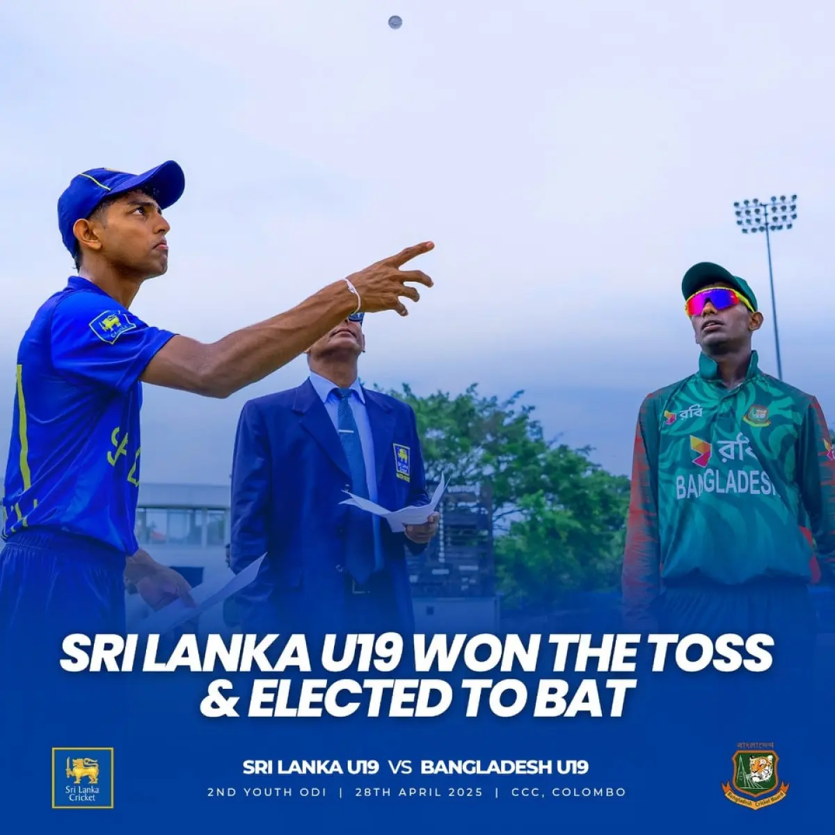 Sri Lanka U19 Elects to Bat First in 2nd Youth ODI Against Bangladesh Sri Lanka U19 team wins the toss ahead of the 2nd Youth ODI against Bangladesh in Colombo!!