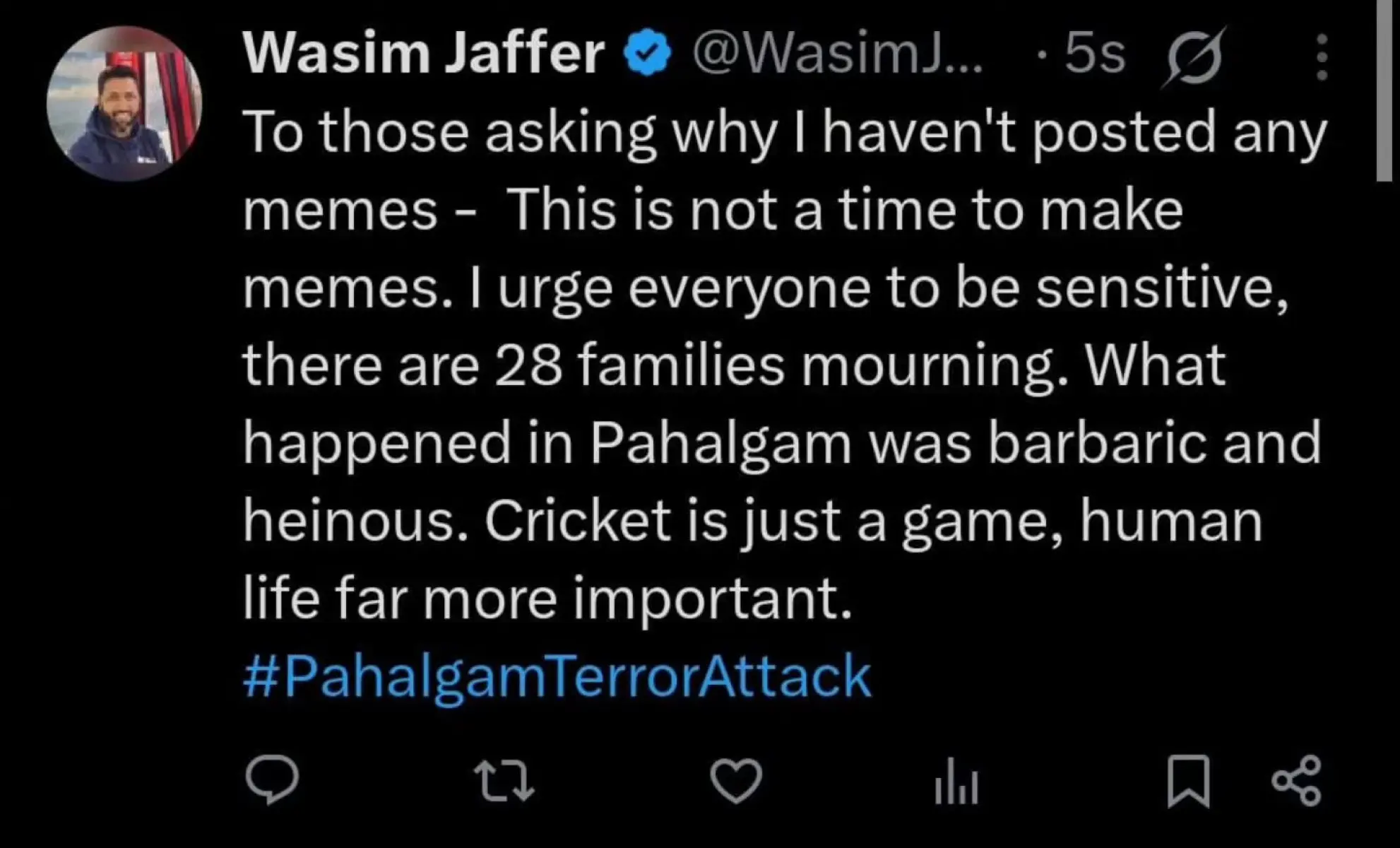Former India cricketer shares solidarity message following tragic incident in Jammu & Kashmir