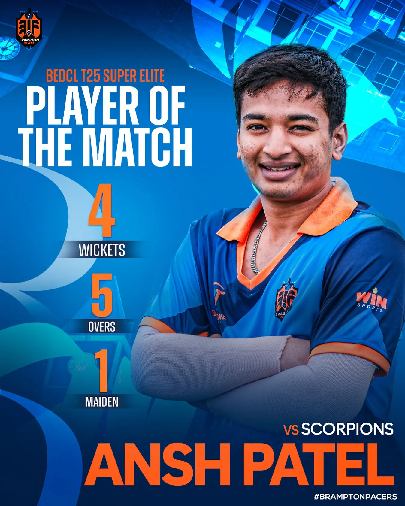 Ansh Patel Shines In Brampton Pacers Debut Debut match brilliance: 4 wickets and a maiden over mark a stellar start on cricket field!
