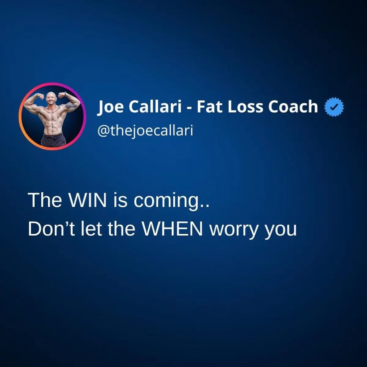 Consistency Fuels Fat Loss: The Win Is Coming Joe Callari urges focus—every rep, every step builds tomorrow's victory. Keep the faith!!