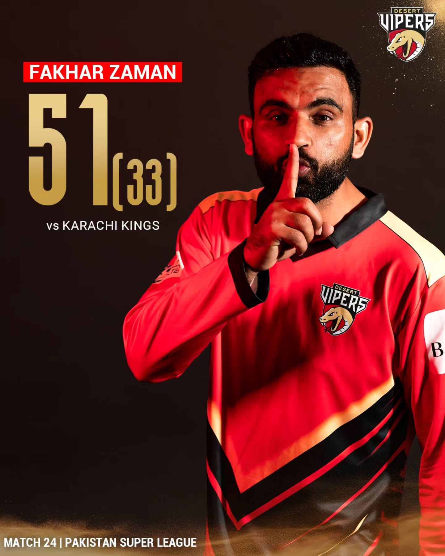Experience unmatched skill as Fakhar leads Desert Vipers to consistent excellence on field.