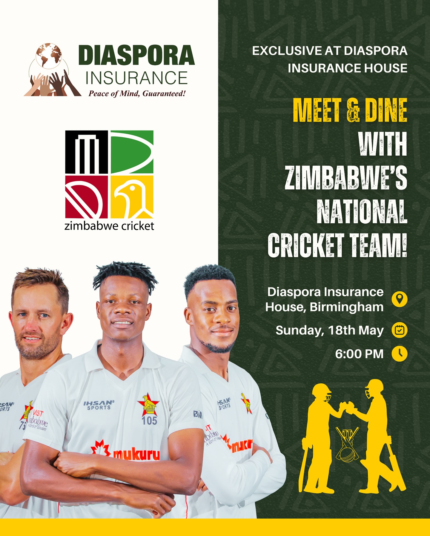 Exclusive Dinner With Zimbabwe Cricket Team Win a free dining experience with Zimbabwe Cricket Team via Diaspora Insurance contest!!!!