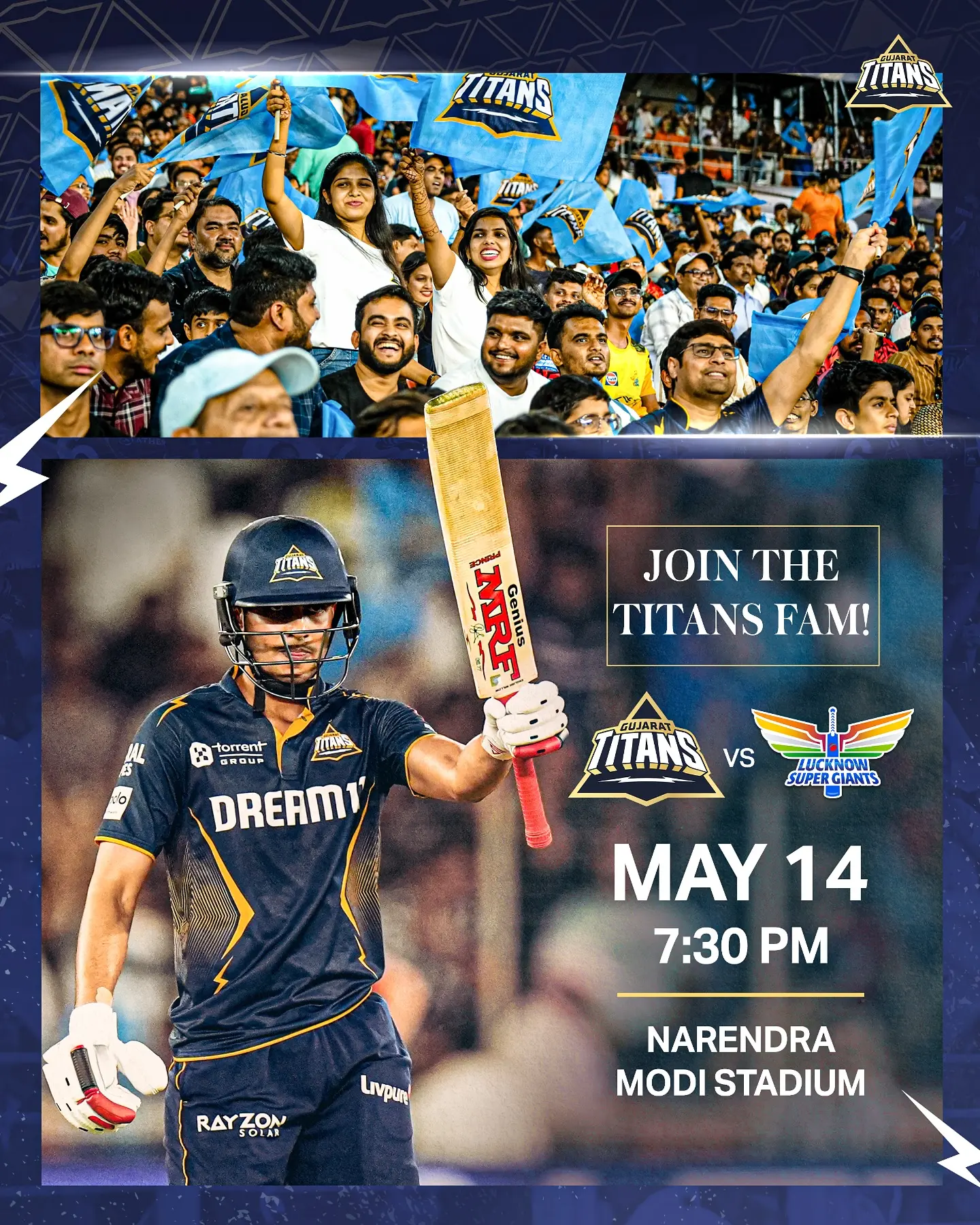 Gujarat Titans Electrify Stadium at Tata IPL 2025 Live action thrills as TitansFAM unites, sparking joy with electric stadium roars tonight.