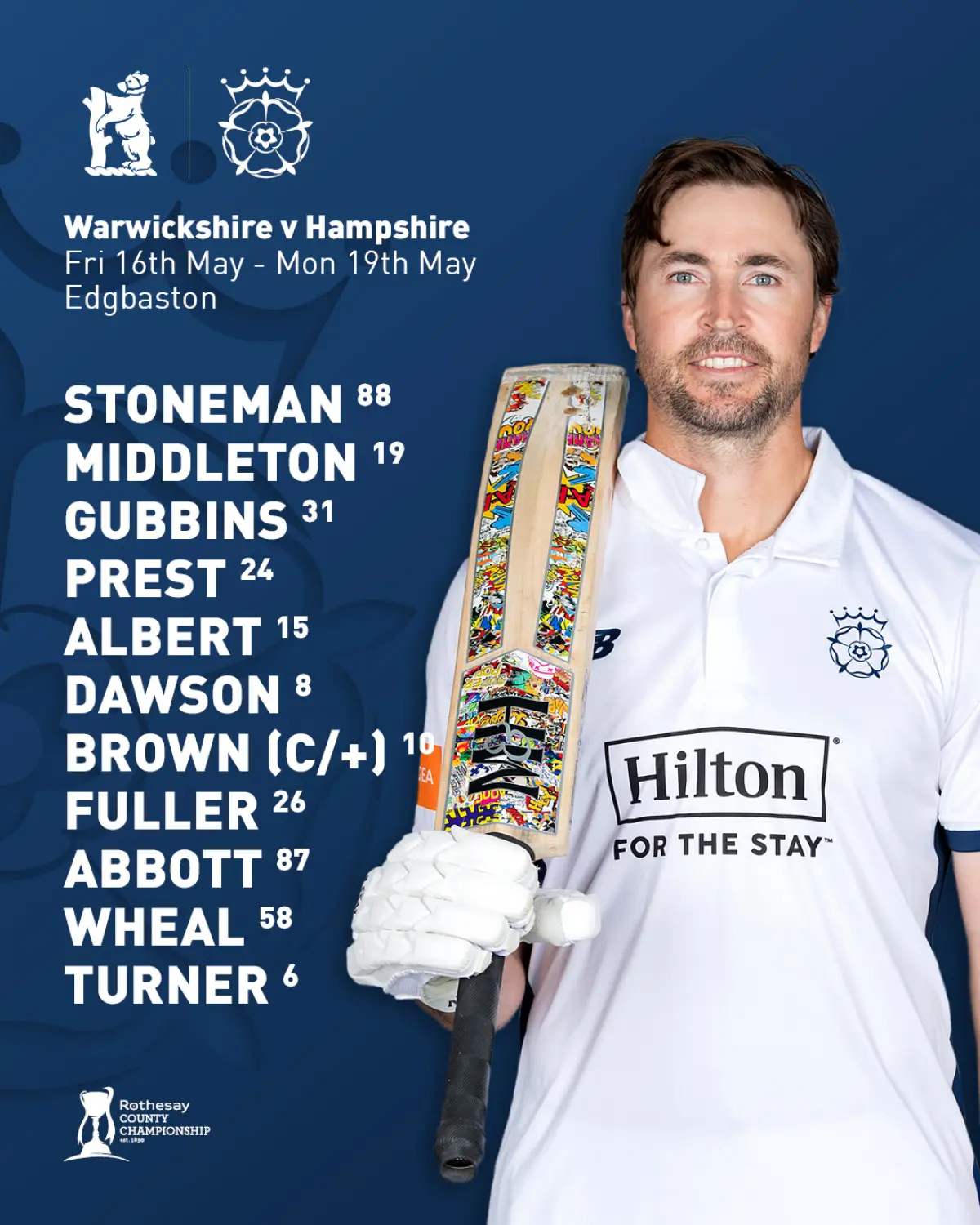 Hampshire Cricket Elects Bat First In Birmingham After winning toss in Birmingham, Hampshire XI opts to bat first with Turner in place now.