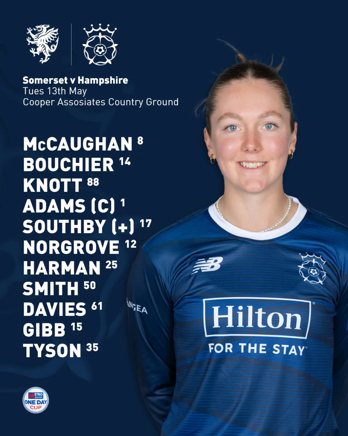 Hampshire Women Set To Bat First In Taunton Match Georgia Adams steers smart batting plans as Daisy Gibb replaces Lauren Bell in the XI NOW