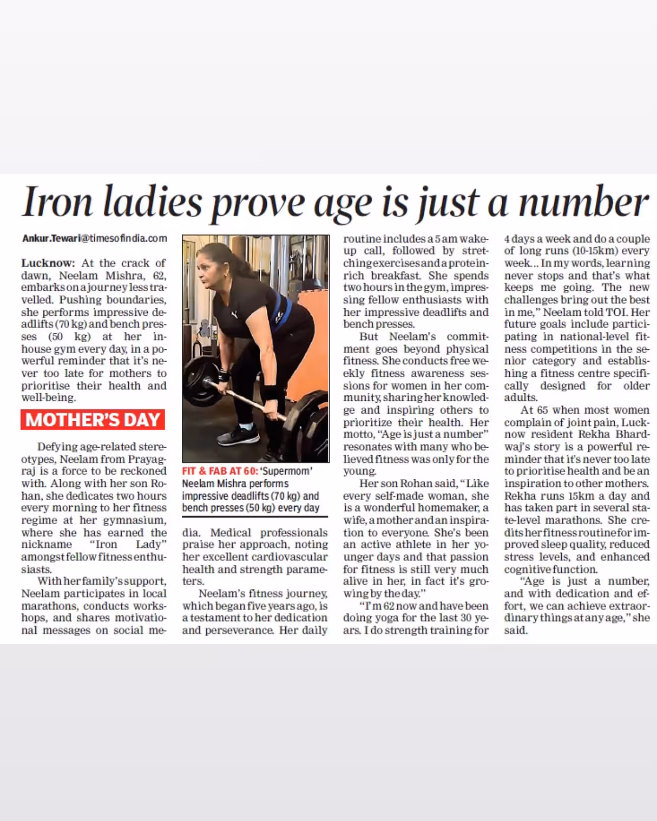 Iron Lady: Mom Honored In TOI Feature Honoring strength and discipline: Mom shines in TOI Lucknow's Mother's Day story - epic!!!