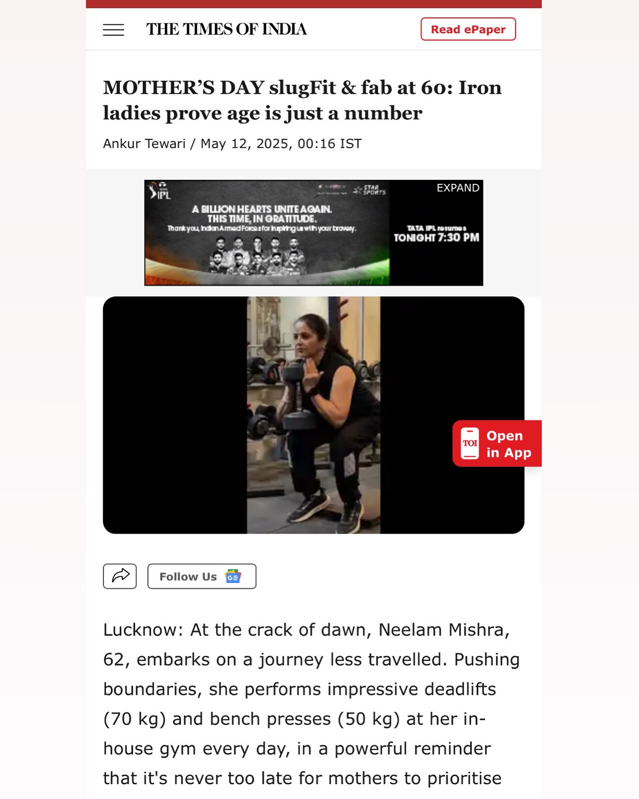 Iron Lady: Mom Honored In TOI Feature