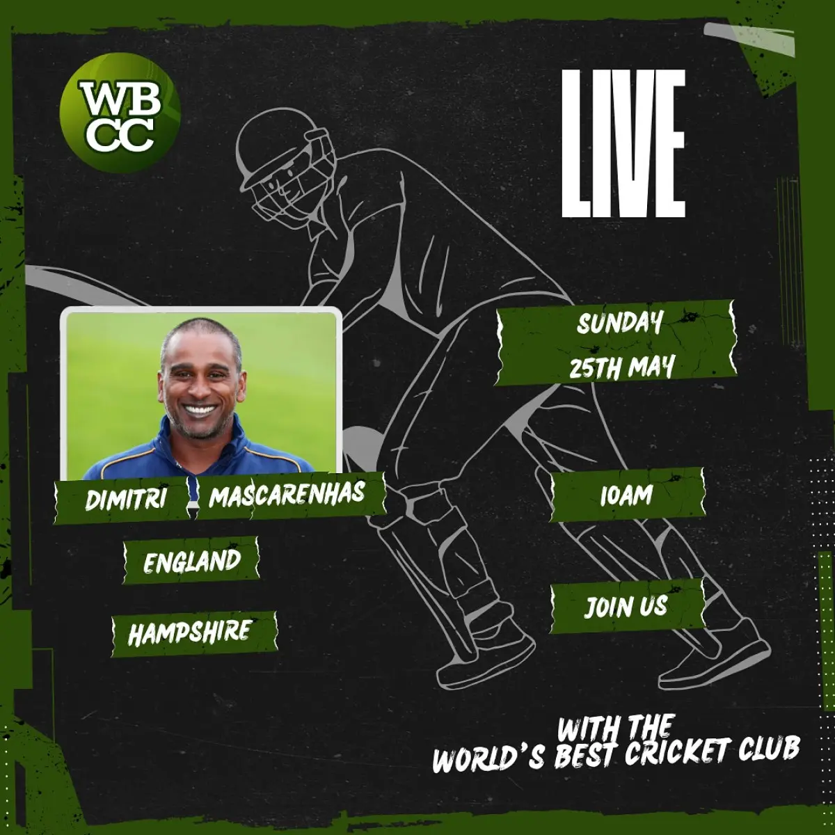 Former cricket star Dimitri Mascarenhas takes centre stage for a live WBCC podcast session.