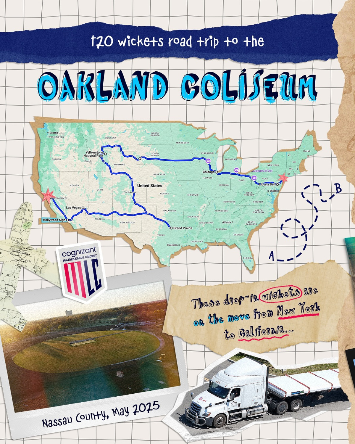 T20 drop-in wickets journey from NY to Oakland, touring US landmarks along the way. Enjoy!
