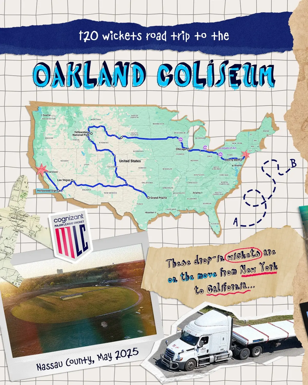 MLC Wickets Embark On Cross-Country Road Trip T20 drop-in wickets journey from NY to Oakland, touring US landmarks along the way. Enjoy!