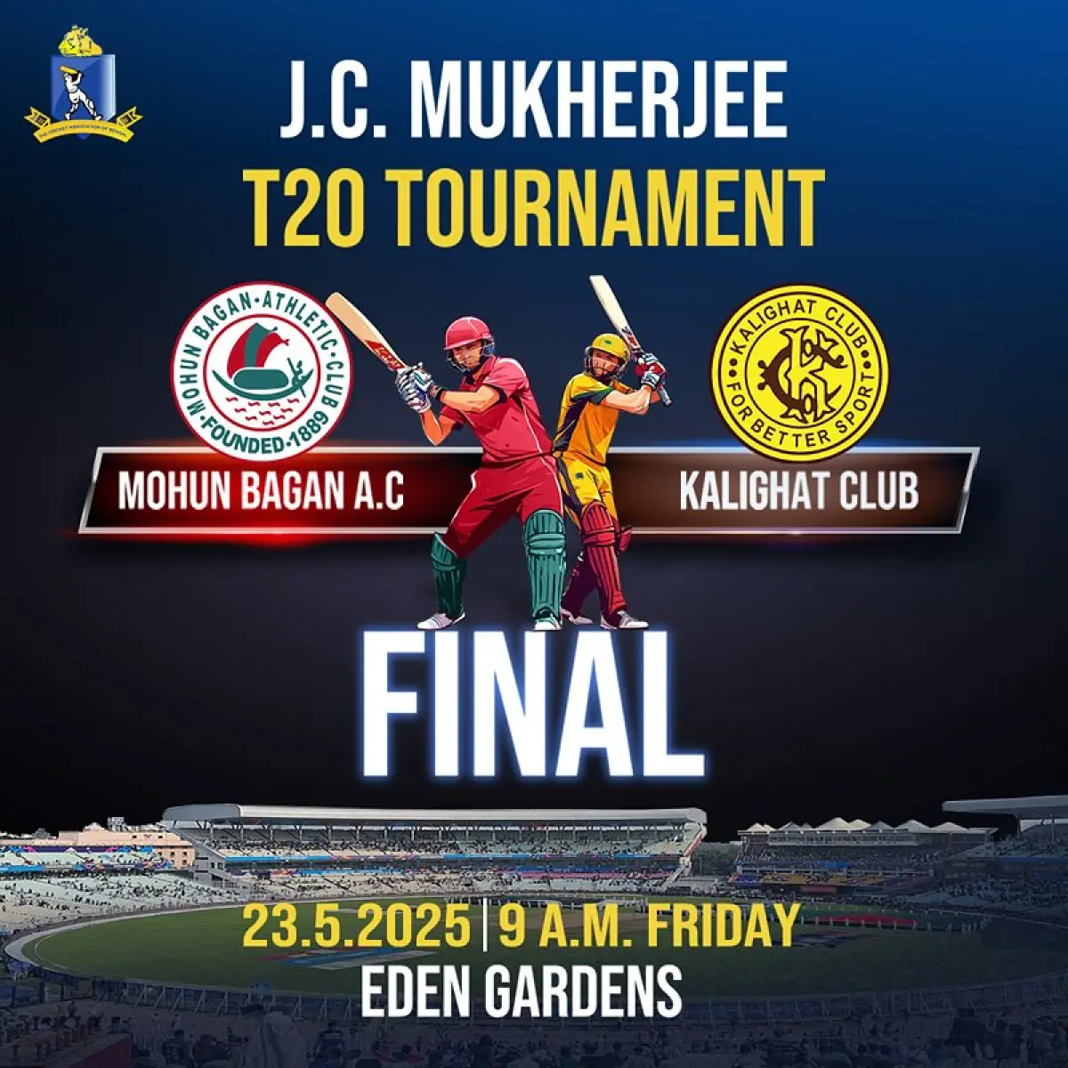 Mohun Bagan, Kalighat Clash in JC Mukherjee T20 Finale Exciting final sees Mohun Bagan and Kalighat Club vie for T20 crown at Eden Gardens! Now!!