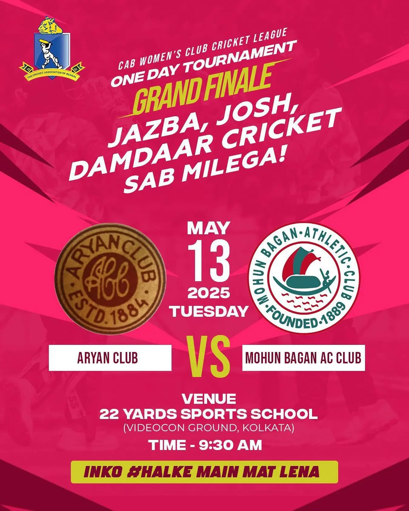 Mohun Bagan vs Aryan Club Clash for CAB Women’s One-Day Title Final showdown at 22 Yards Ground as Mohun Bagan and Aryan Club vie for the one-day crown!