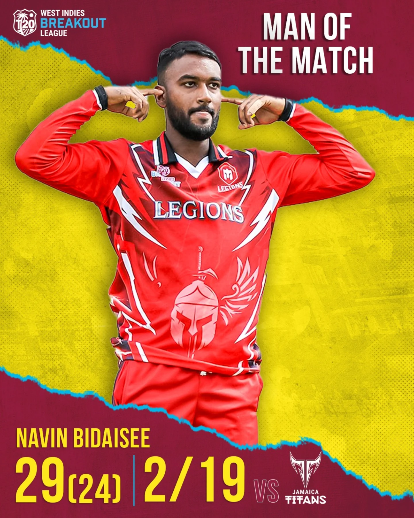Navin Bidaisee Shines for Legions in BreakoutT20 Dynamic performance by Navin Bidaisee inspires Legions with bat and ball brilliance in CPL.