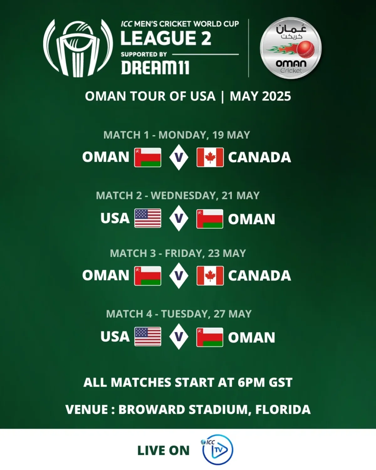 Oman Cricket Tour: USA And Canada Await Live coverage of the ICC Men's CWC League 2 leg starting May 17; streaming on icc.tv Live!!