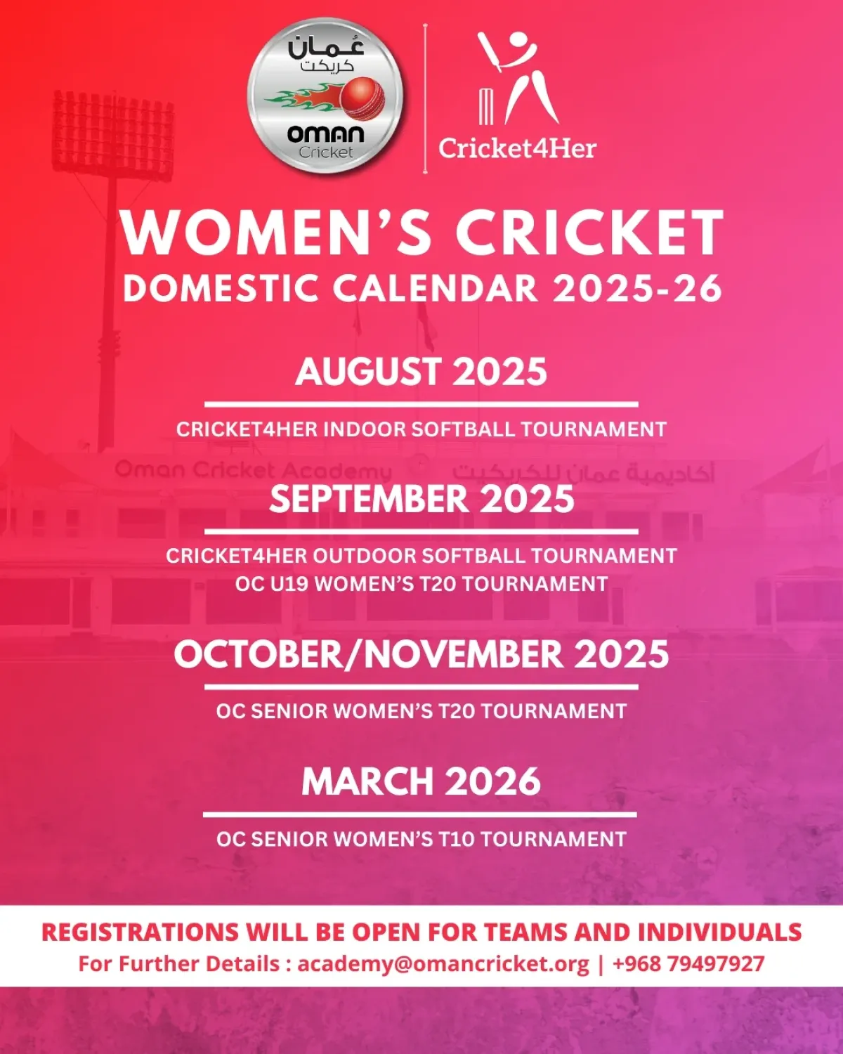 Oman Women’s Domestic Cricket Calendar 2025–26 Registrations open as Oman unveils a vibrant domestic cricket calendar for aspiring women!