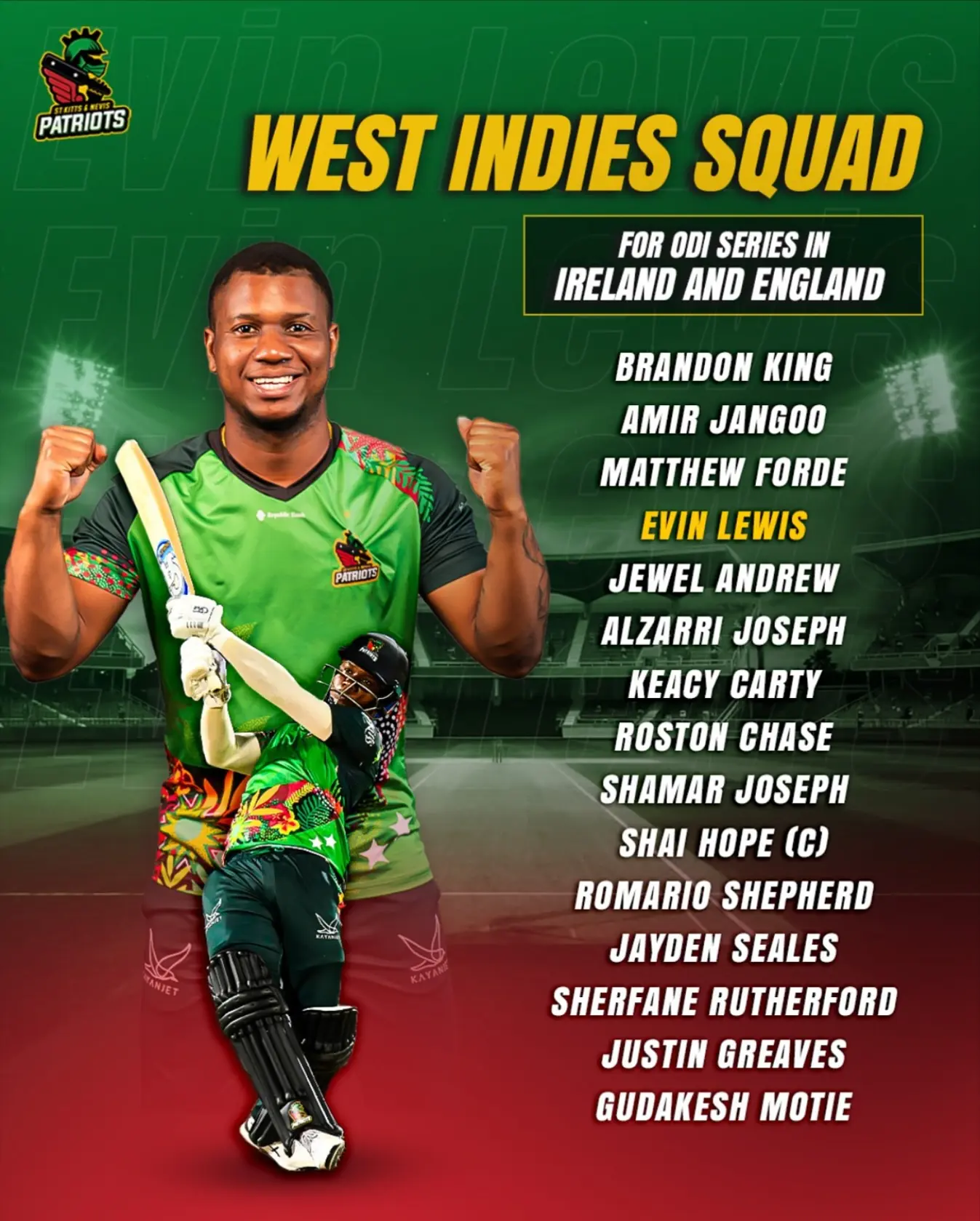Patriots Set To Shine In ODIs Flying high with Evin Lewis: Patriots ready to inspire ODIs across Ireland and England!!!!