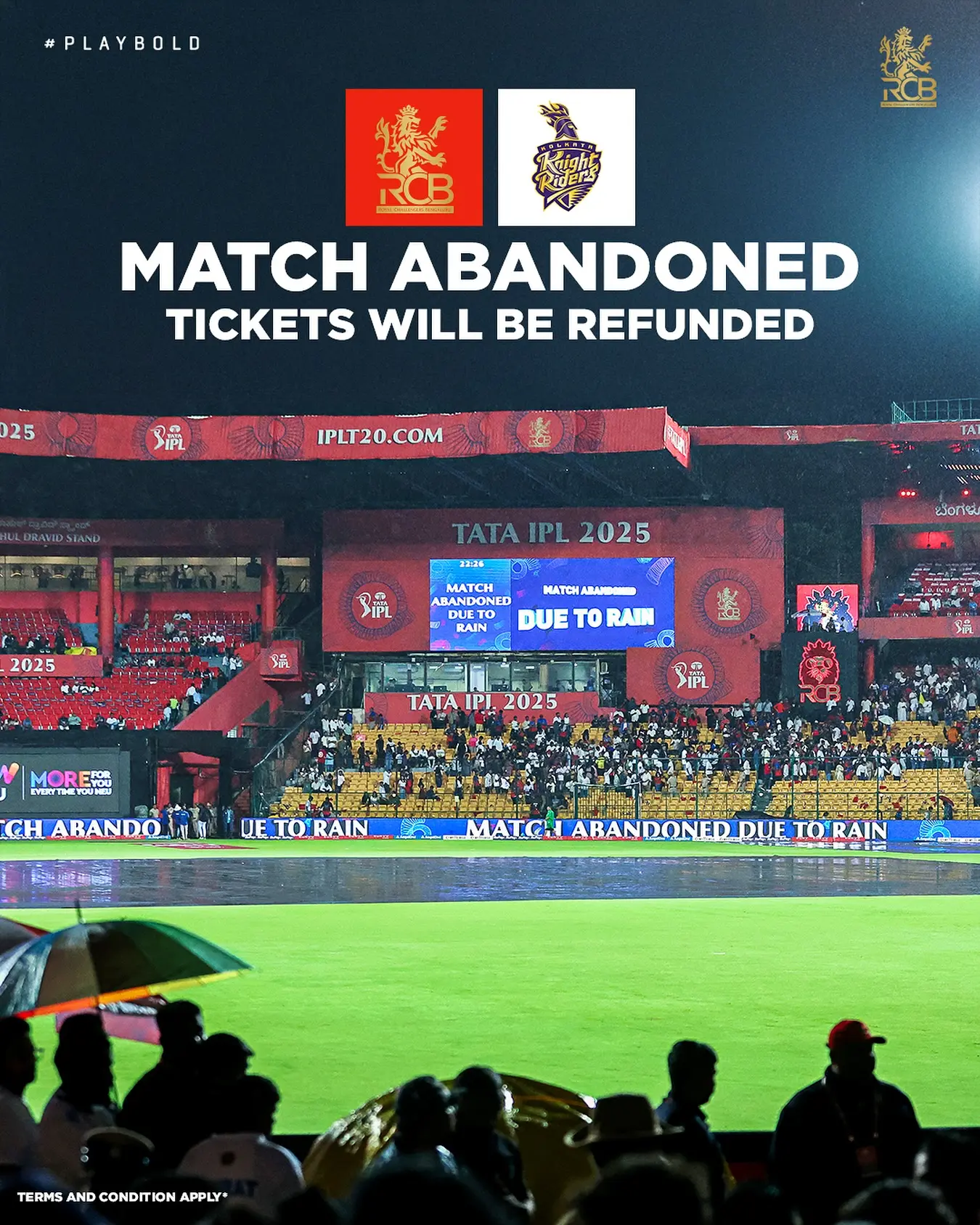 RCB Vs KKR Refund Announcement Amid Match Washout May 17 washout leaves full refunds for digital and physical ticket holders of RCB vs KKR game.