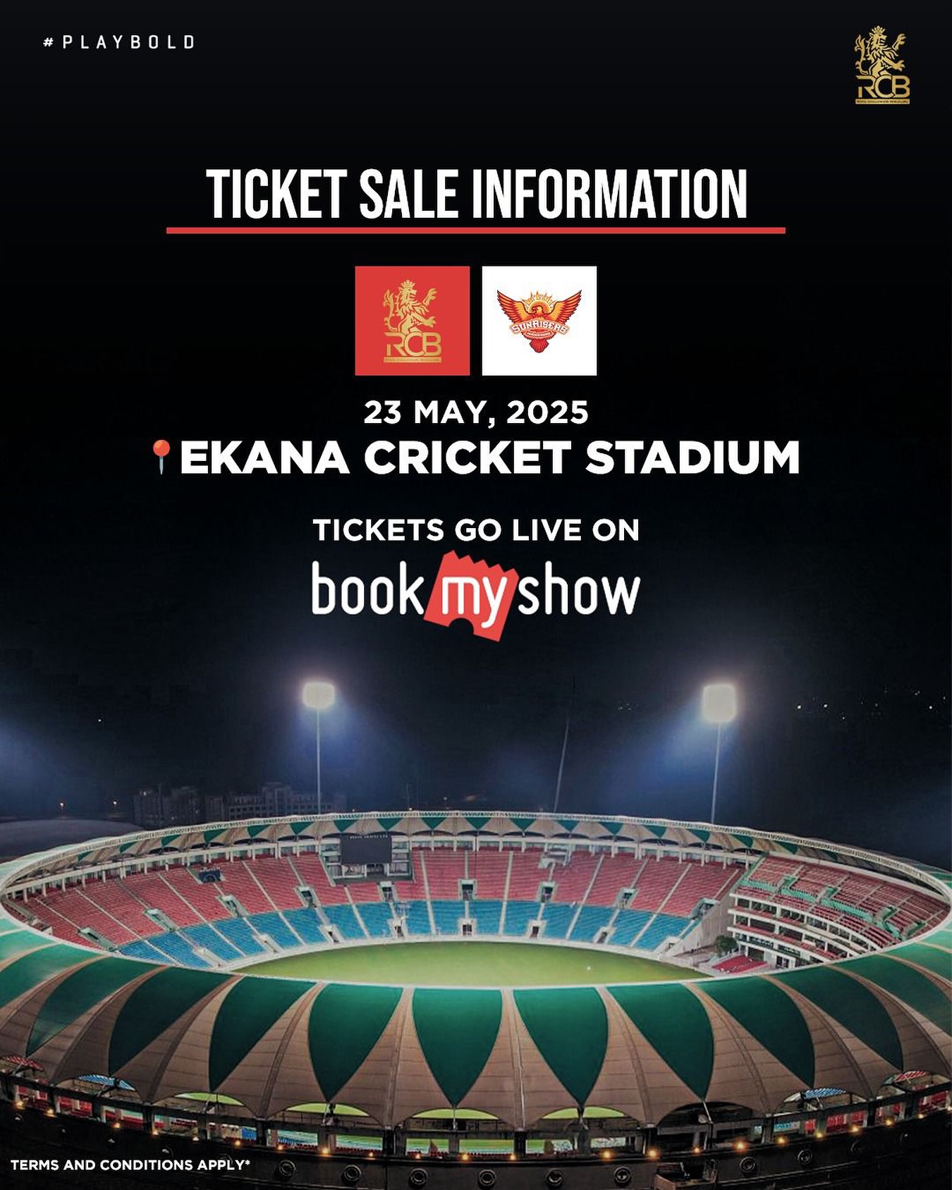 RCB Vs SRH Ticket Sale Launch In Lucknow Exclusive entry opens at 5 PM today via BookMyShow for a thrilling battle at Ekana Stadium.