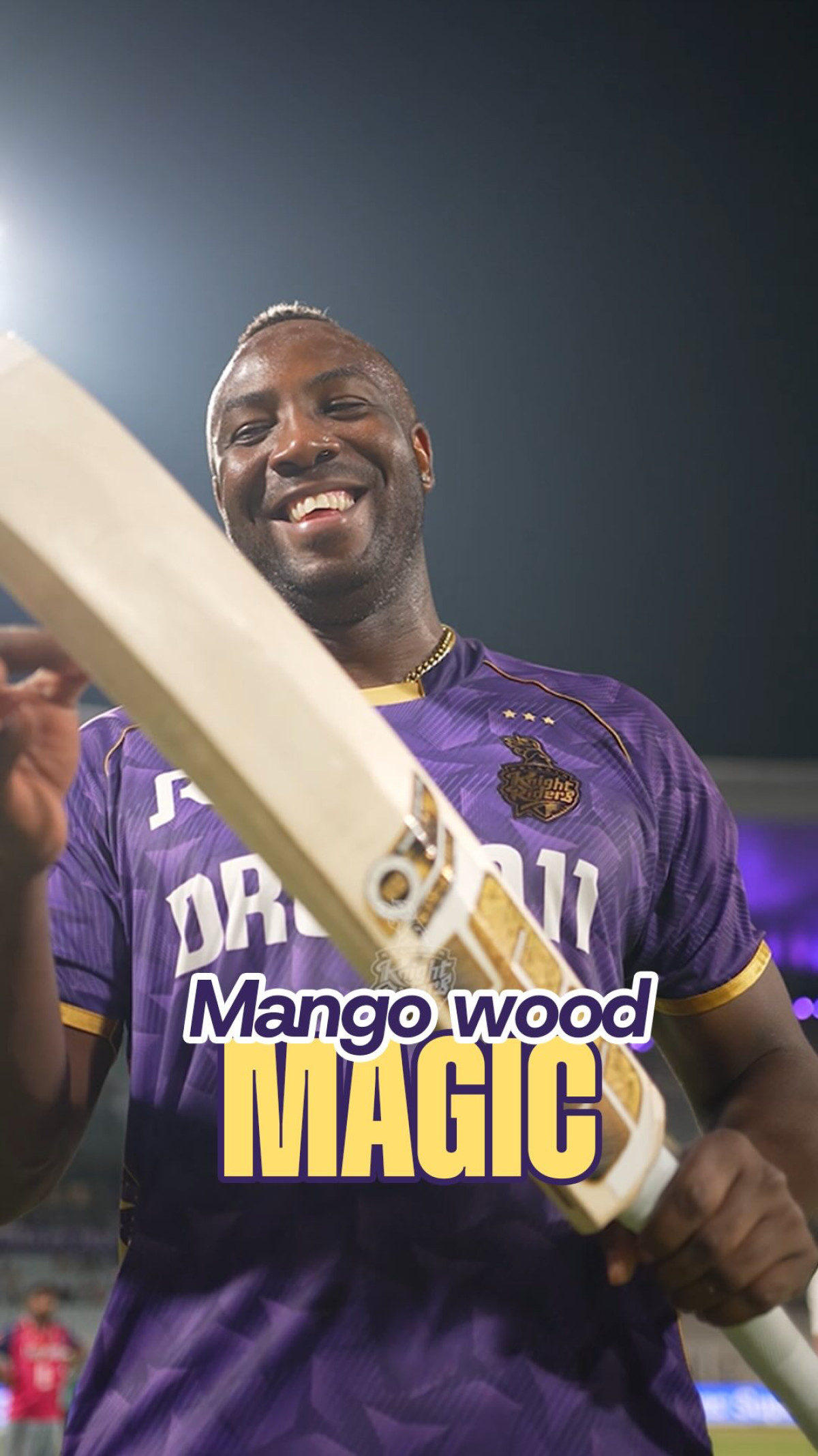 Russell’s Mango Wood Magic Sparks KKR Energy Andre Russell transforms mango wood into a bold emblem of spirit and strength at KKR, Wow!