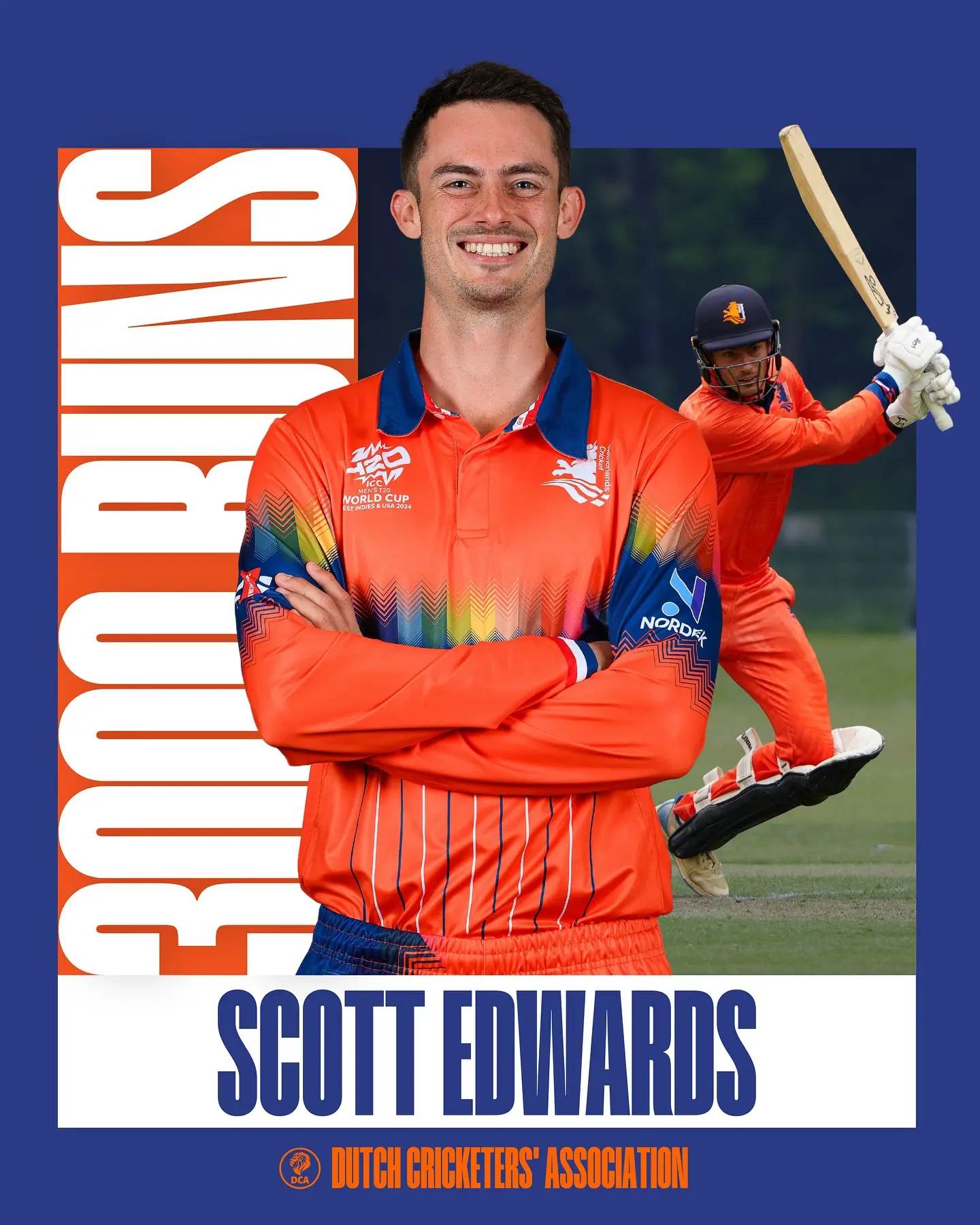 Scott Edwards Achieves 3,000 International Runs Milestone Captain Scott Edwards scores 3,000 international runs for Netherlands across formats.