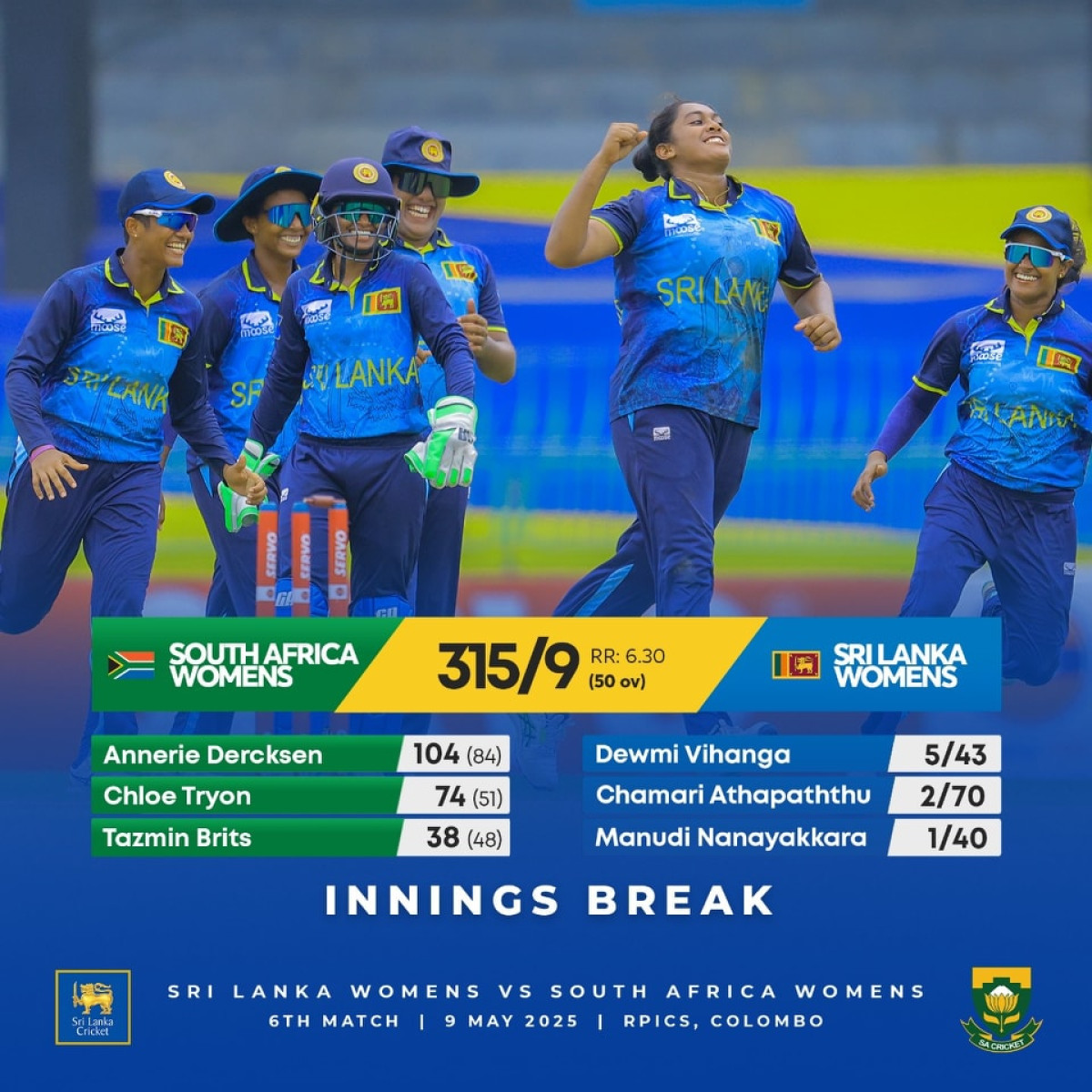 A fierce cricket challenge as South Africa posts 315, urging Sri Lanka to rally and chase down the target.