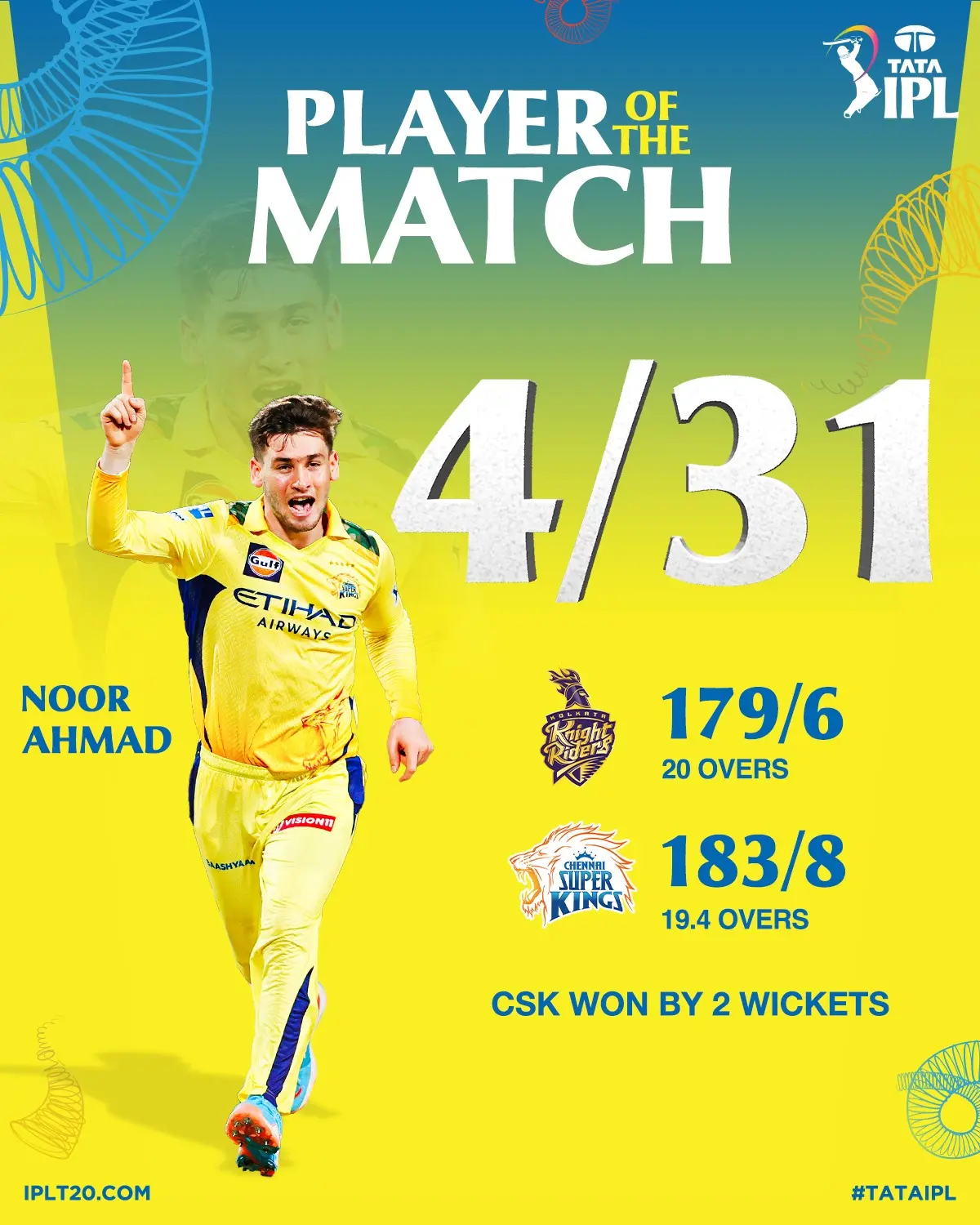 Spellbound: Noor Ahmad Bags Player Of The Match Noor Ahmad dazzles with his magical spin, lighting up the pitch in a thrilling IPL clash!