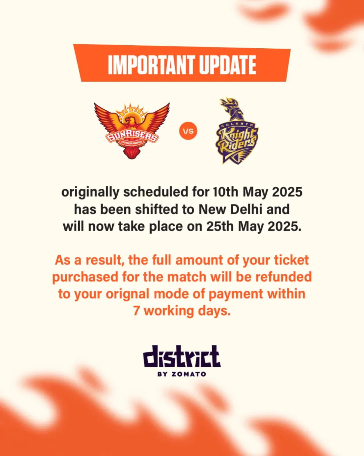 SRH Refund Update: Orange Army Ticket Refunds Announced Sunrisers Hyderabad informs Orange Army fans about the ticket refund process for SRHvKKR!!