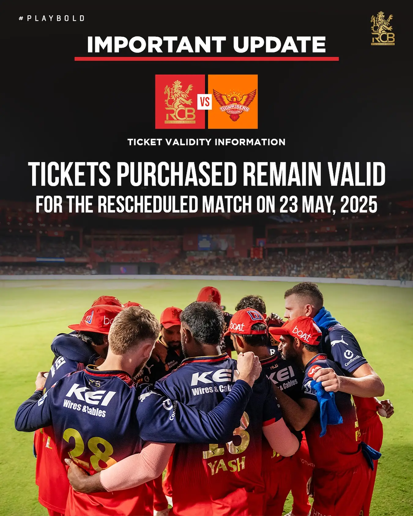 Revised match date now set for 23 May; refund requests accepted until 17 May 6PM IST only.