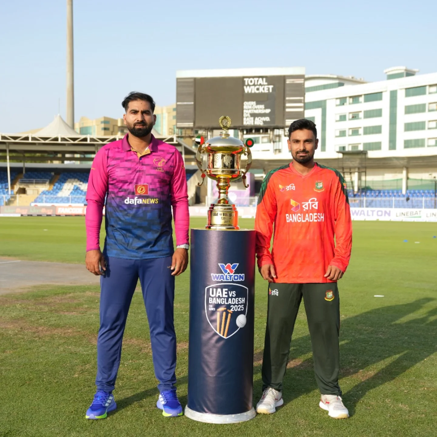 UAE And Bangladesh Shine In T20I Series Captains Waseem and Das shine with the glittering trophy in UAE vs BAN T20I series @SHJ!!!