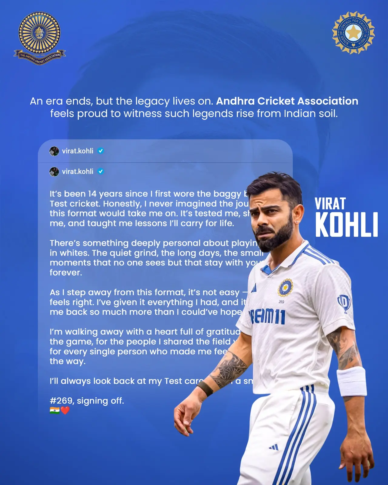 Virat Kohli Bids Farewell To Test Cricket Indian test legend retires; ACA salutes his cricket journey and enduring impact on sport!!