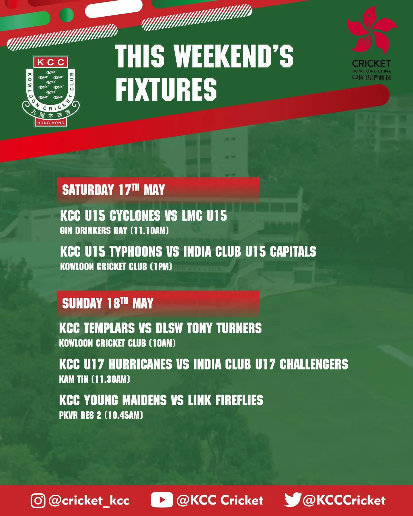 Weekend Cricket Fixtures Announced KCC Templars Face DLSW Tony Turners at Iconic Kowloon Cricket Club Display