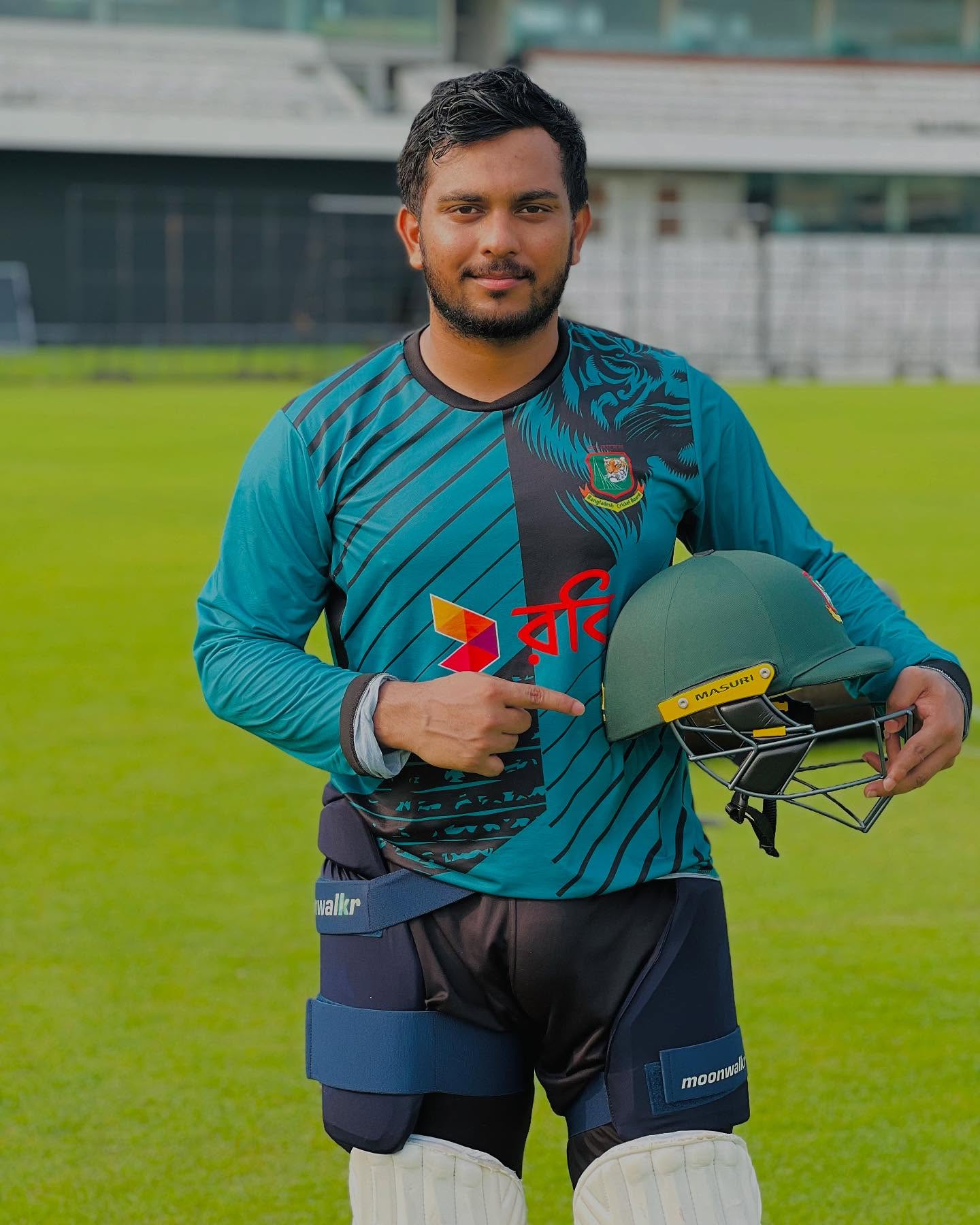 Cricket star Zakir Hasan reveals his new helmet, merging safety with style on and off pitch.