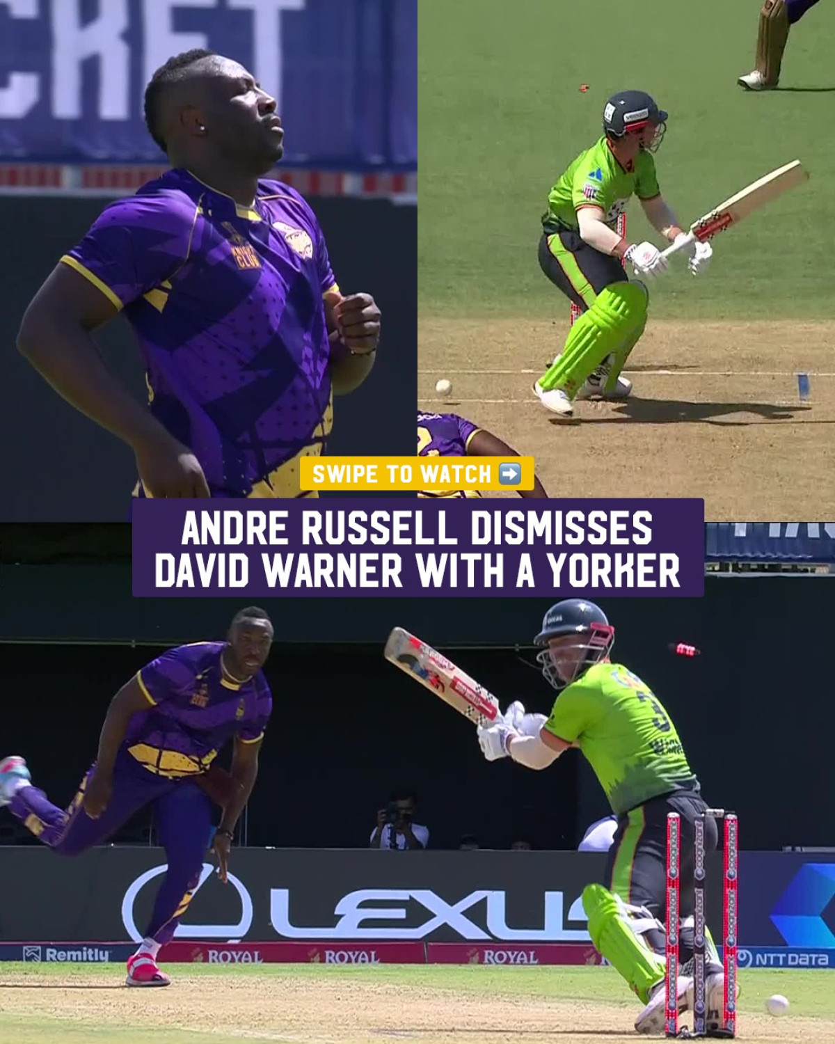 Andre Russell’s Yorker Dismissal Stuns Warner Russell’s hard-hitting yorker sends Warner packing, sparking fierce play on field tonight