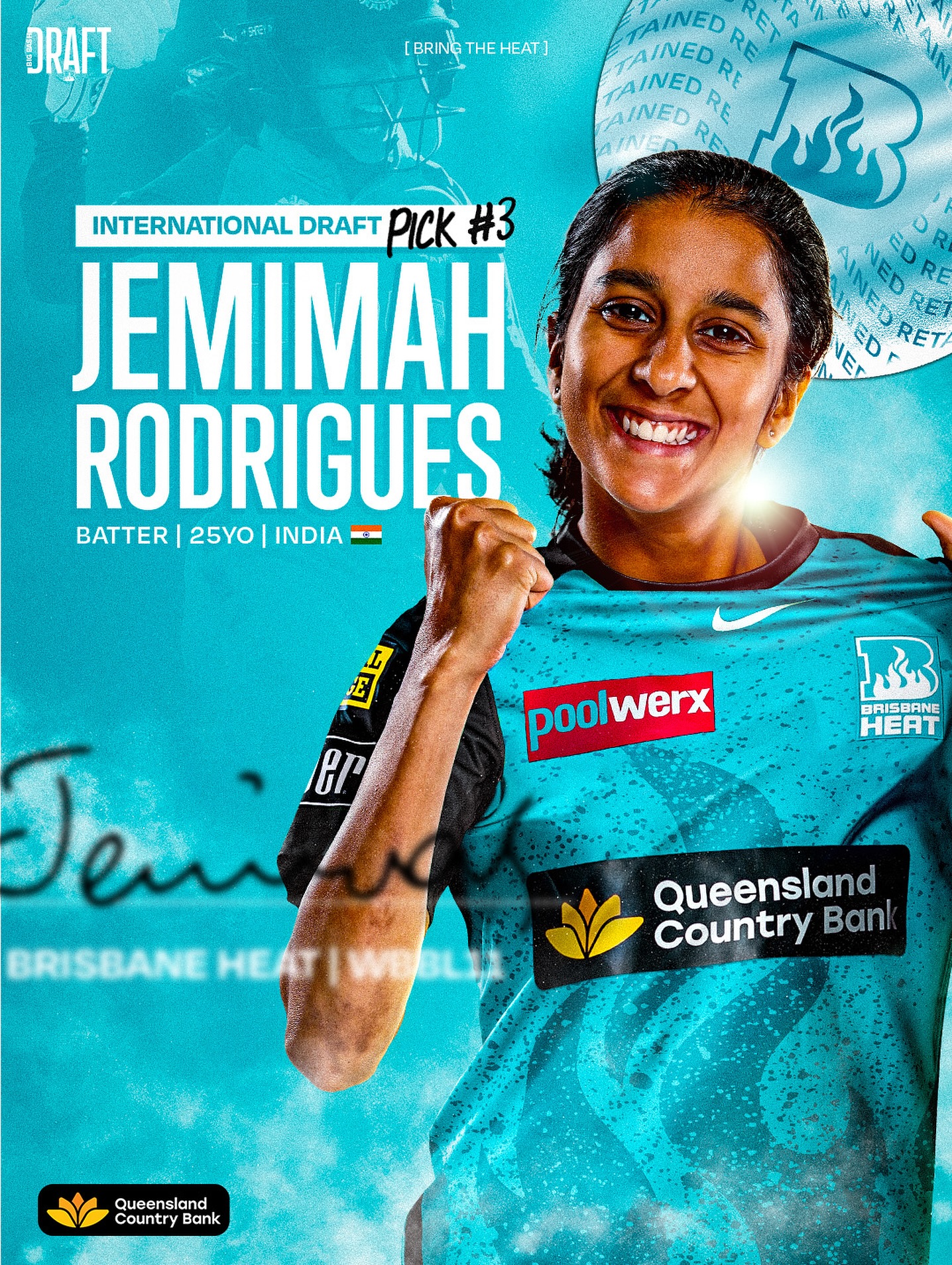 Brisbane Heat Secures Jemimah Rodrigues Pick No.3 Brisbane Heat selects Jemimah Rodrigues as Pick 3 in #WBBL11 Draft, welcoming back Lil J.!