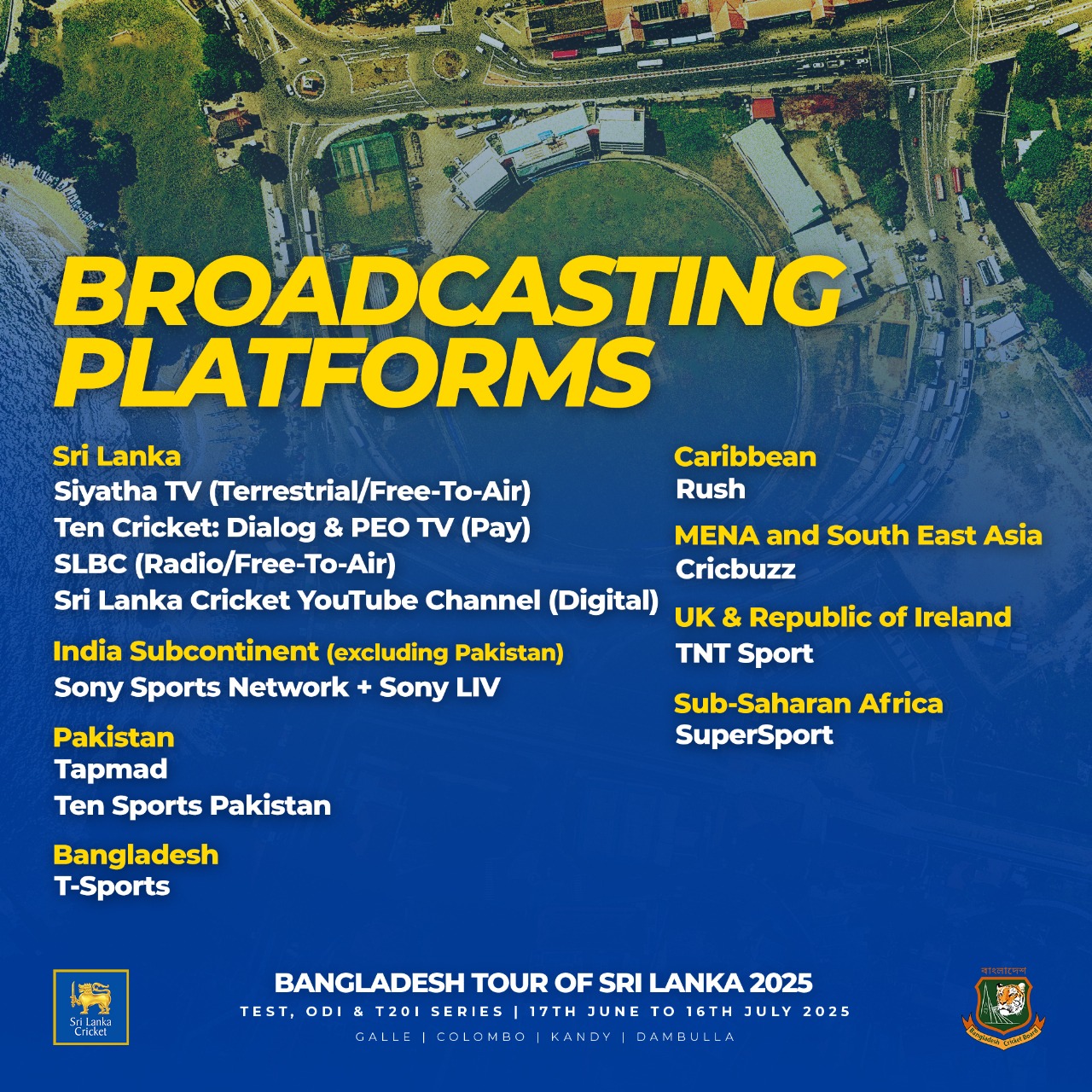Broadcasters Announced For Bangladesh Tour Of Sri Lanka Extensive broadcast details unite international and local coverage for the Bangladesh tour.