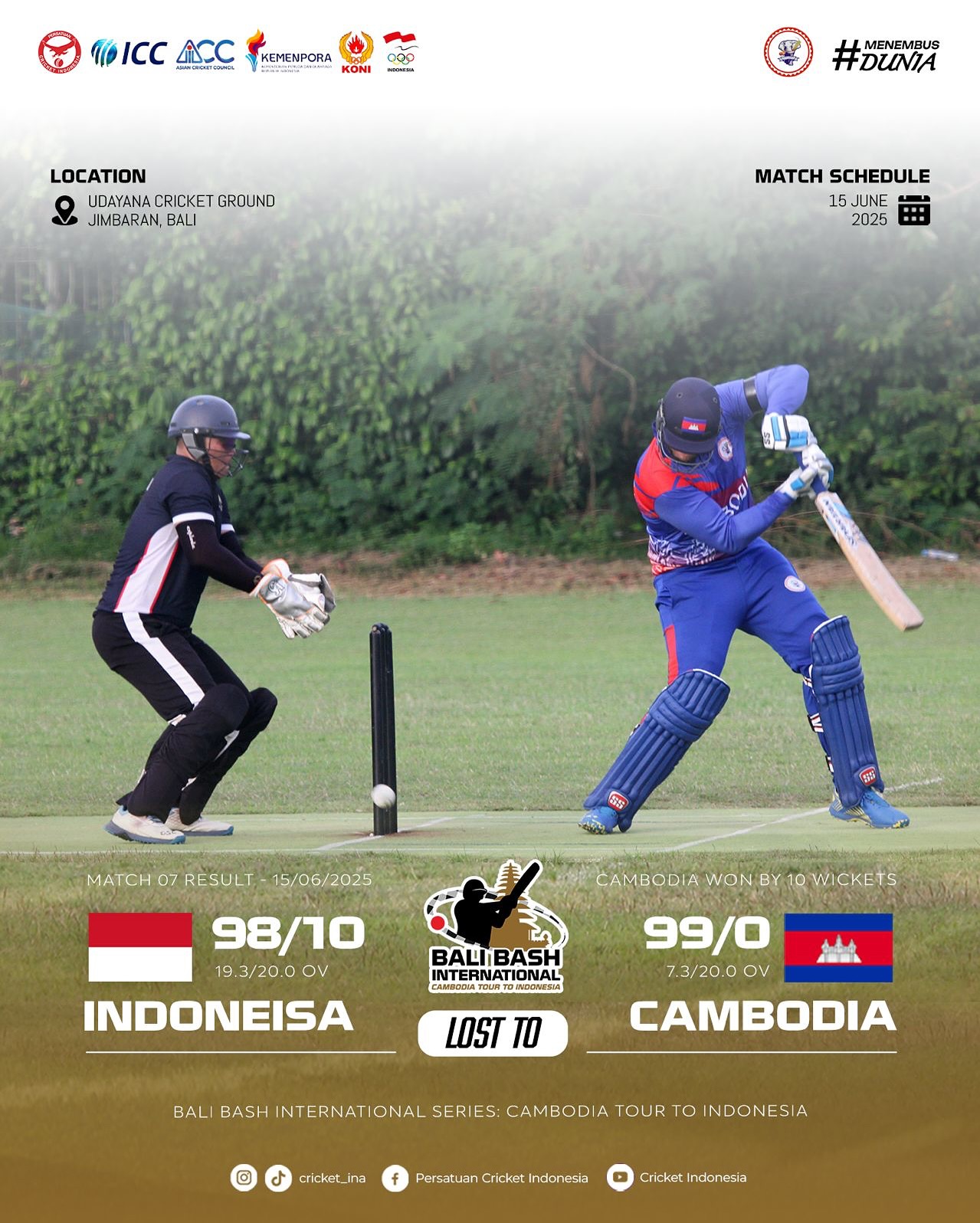 Cambodia Clinches Victory In Match 7 On Indonesia Tour Dominating the series, Cambodia seals a 10-wicket win with H. Uday Sing shining - top win