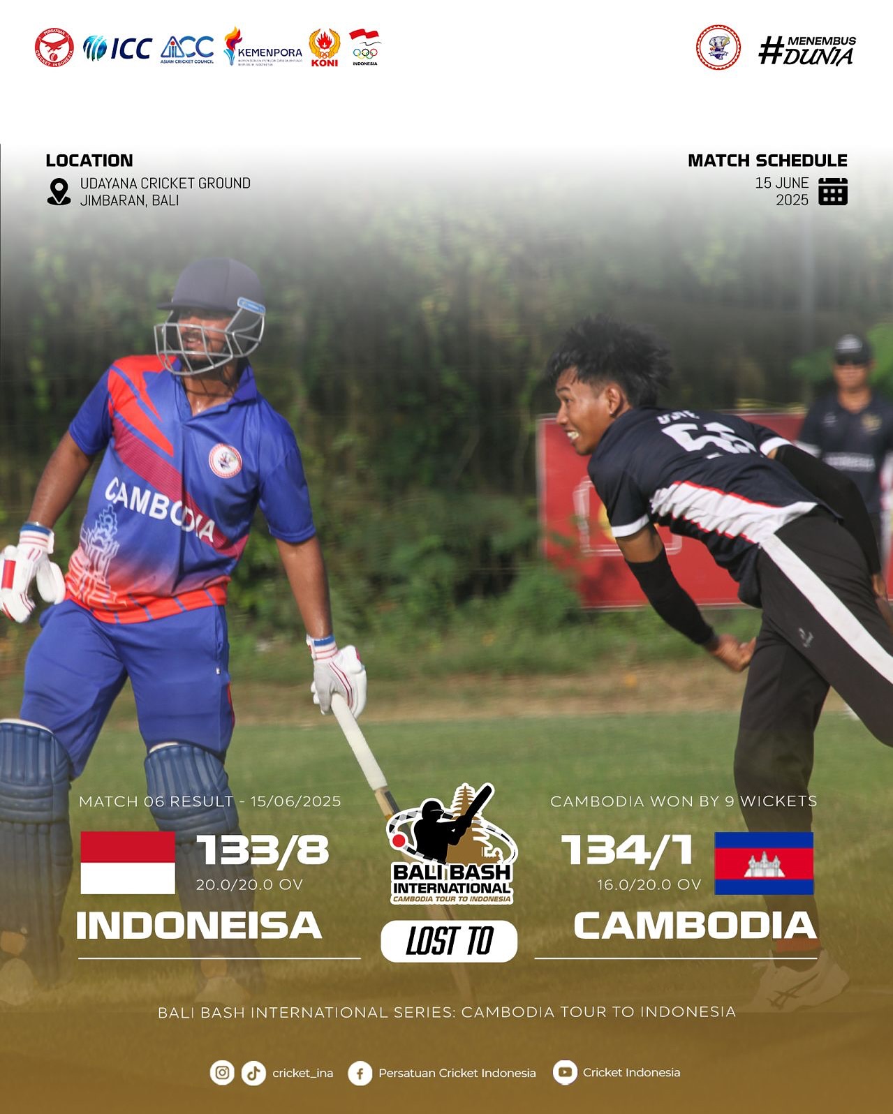 Cambodia Triumphs In Match 6 Of Indonesia Tour Cambodia clinches victory by 9 wickets with Murtaza shining as star in Match 6 of tour!!!!