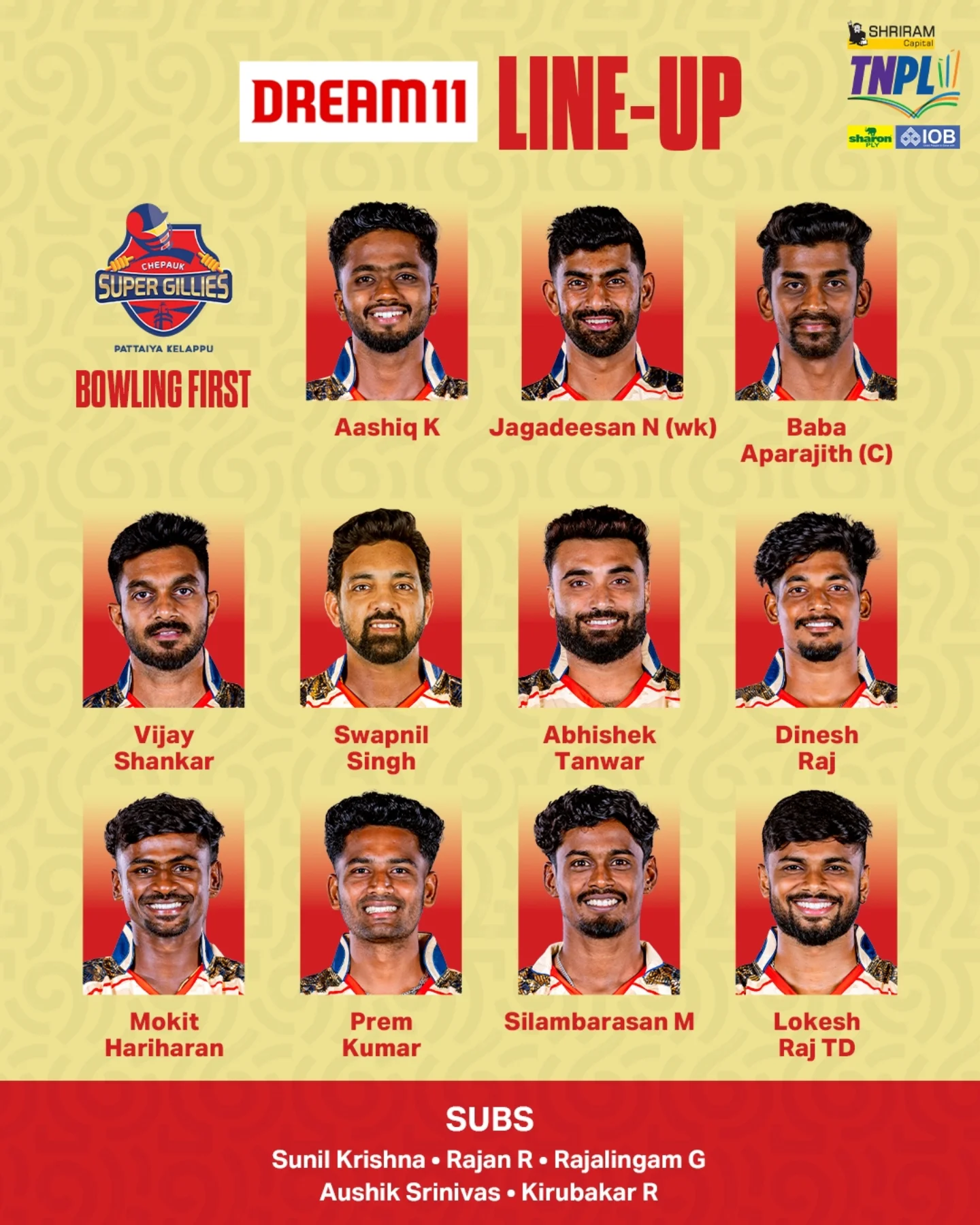Chepauk Super Gillies Elect To Bowl In TNPL Clash