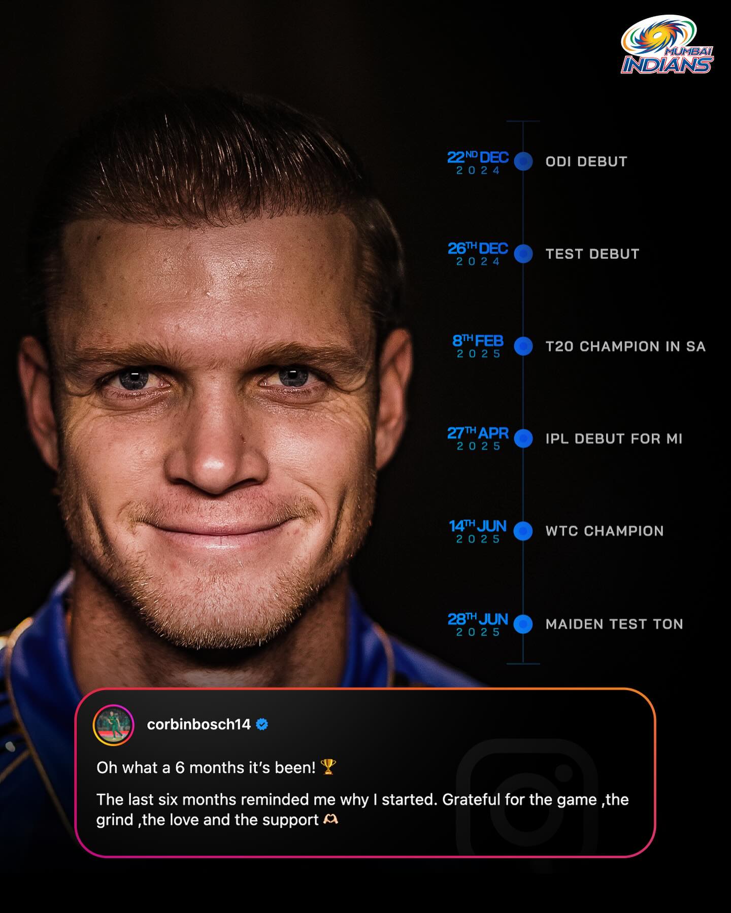 Corbin Boschs six-month ascent thrills fans as he ignites Mumbai Indians with true passion