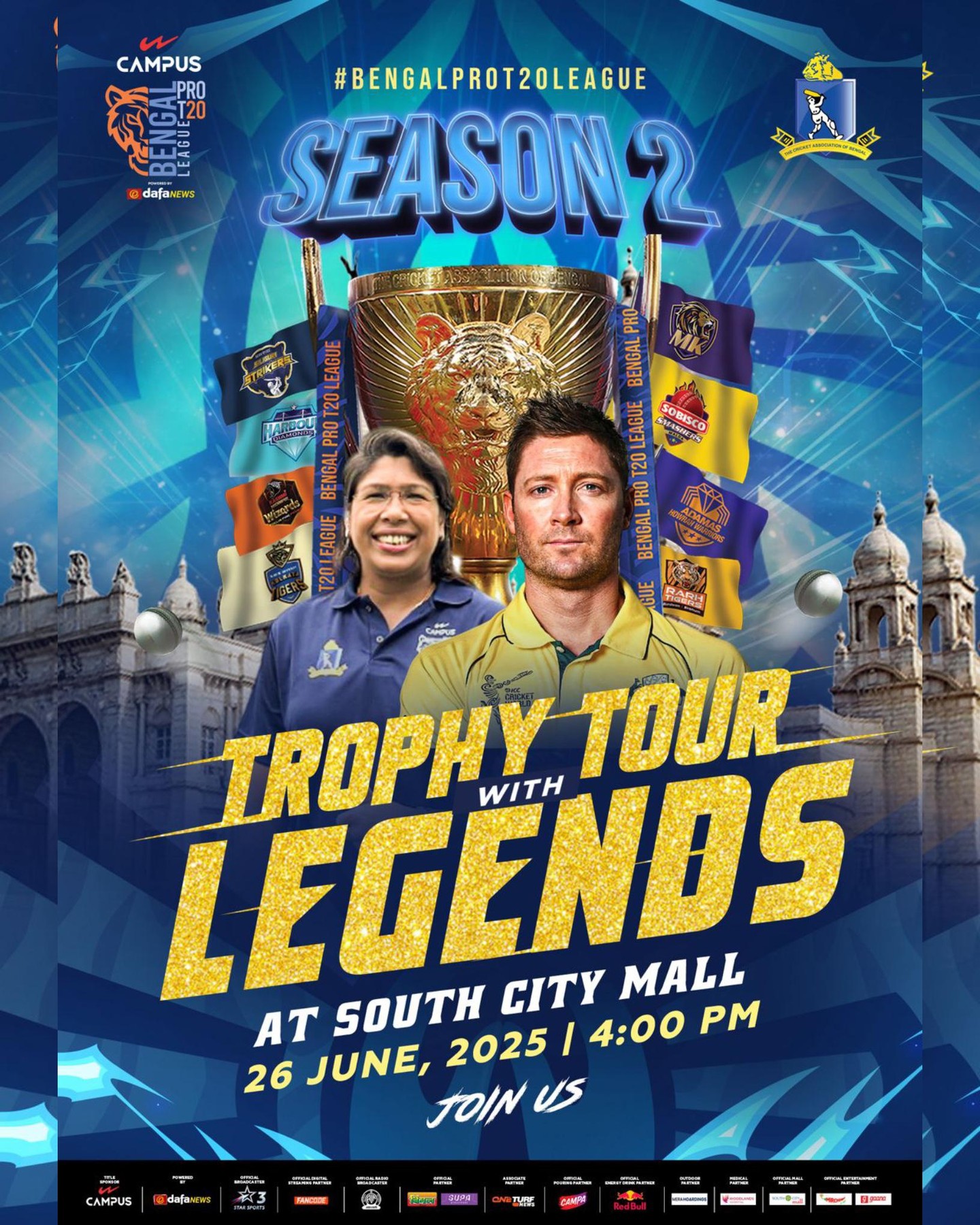 Cricket Legends Spotlight: Trophy Tour In Kolkata Campus Bengal Pro T20 League trophy tour lands at South City Mall on June 26 at 4 PM & Enjoy