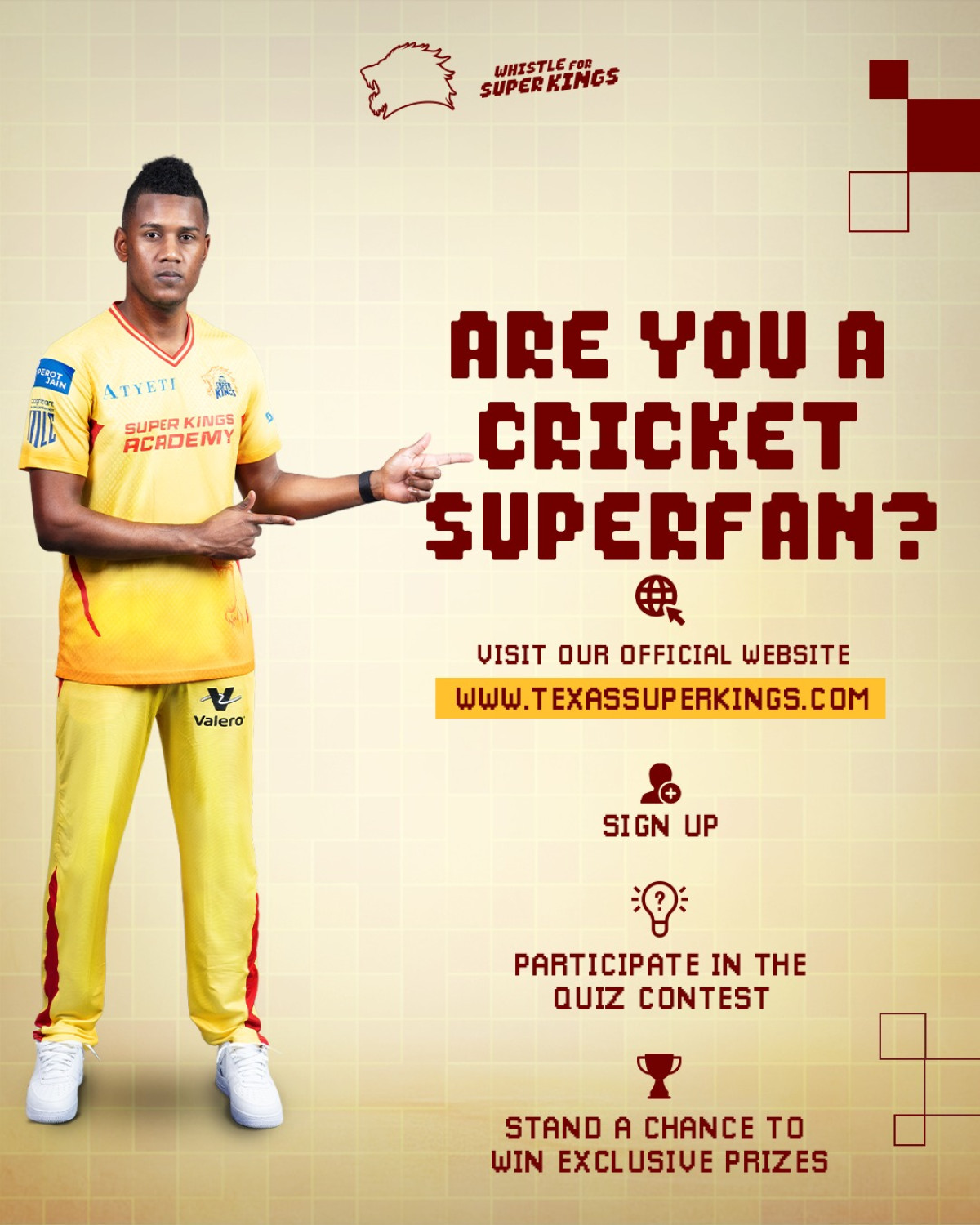 Cricket Superfan Quiz Launched by Texas Super Kings Join the ultimate cricket superfan quiz to win amazing goodies with Texas Super Kings now!