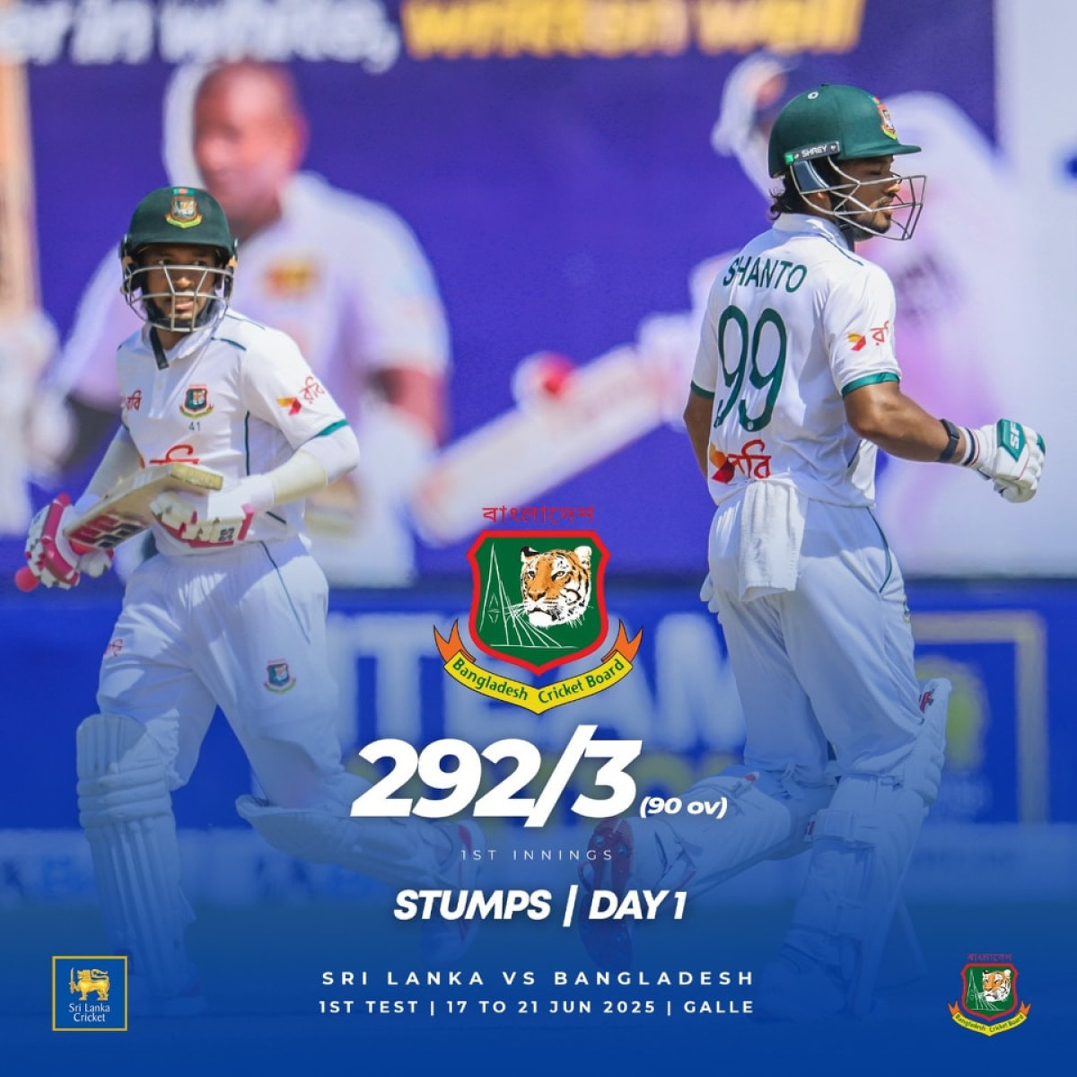 Day 1 Stumps: Bangladesh Posts 292/3 Thrilling Day 1 in Galle, Bangladesh posts 292/3 as Sri Lanka gears gritty fight tomorrow!