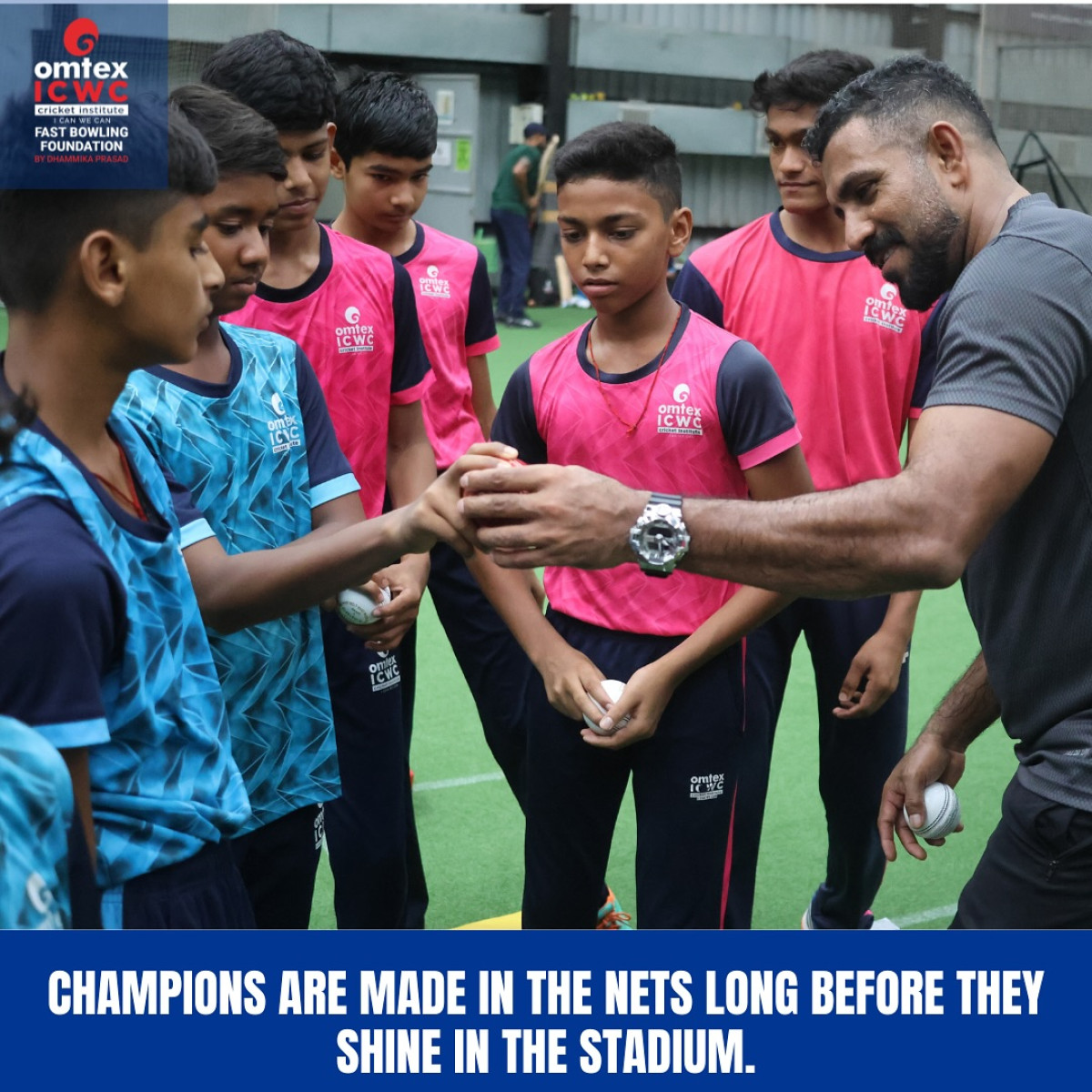 Speed coaching unfolds as Dhammika Prasad trains budding fast bowlers at Omtex ICWC Mumbai.