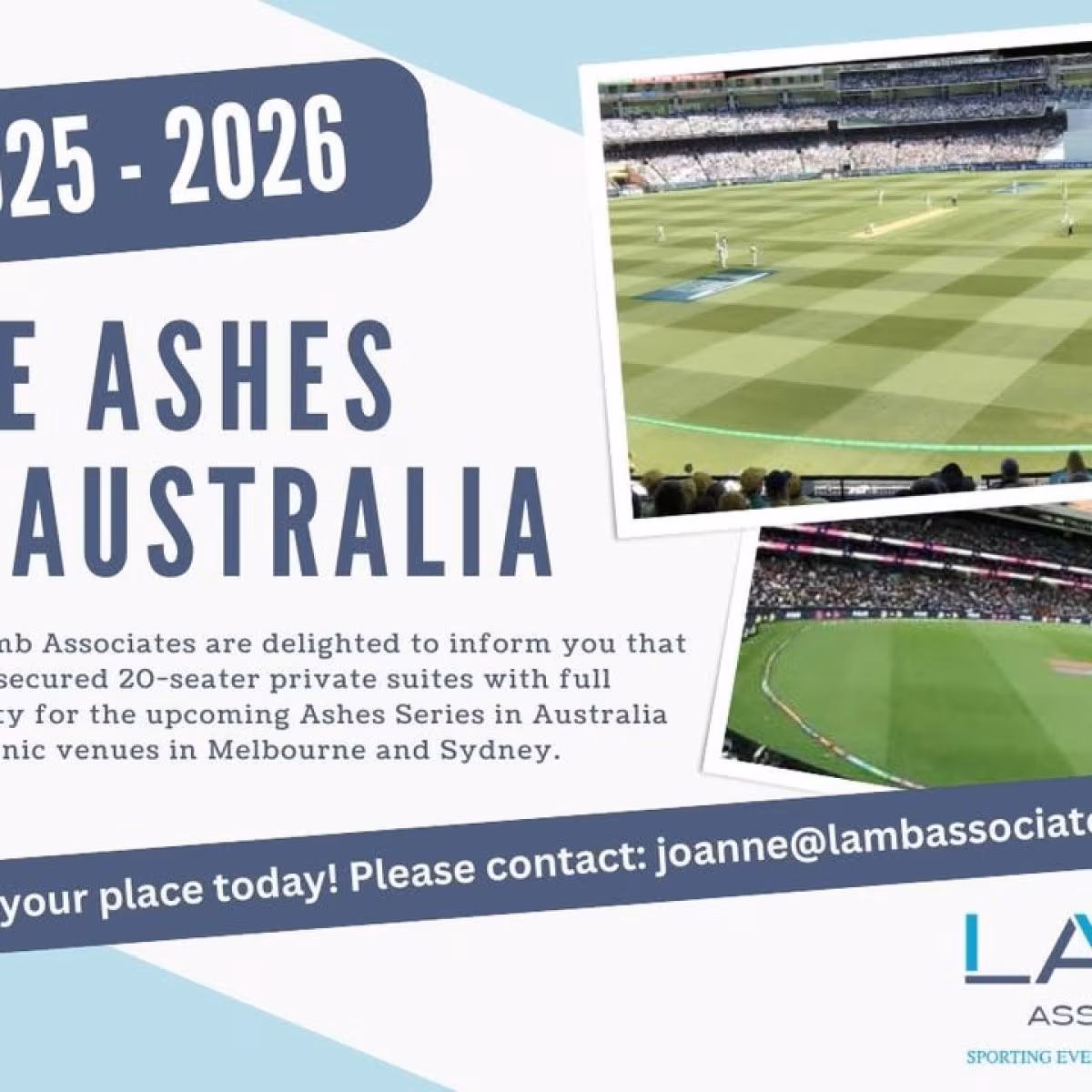 Secure a private 20-seater suite with premium access and accommodation for Ashes 2025 Now!